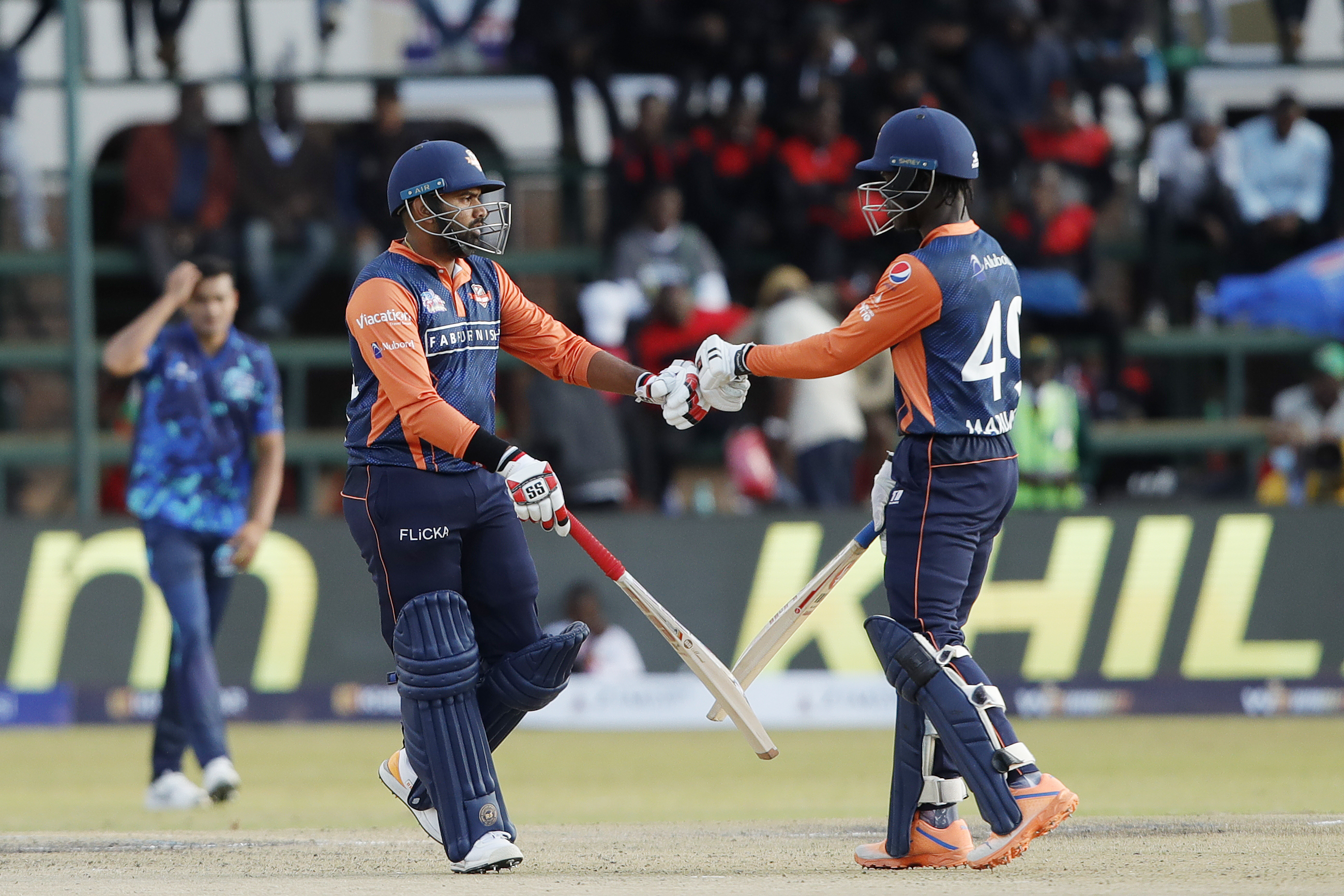 Bhanuka Rajapaksa of Cape Town Samp Army and Tadshwani Marumani of Cape Town Samp Army during match 16 of the Zim Afro T10 League between the Cape Town Samp Army and the Bulawayo Braves at the Harare Sports Club in the Zimbabwe on the 26th July 2023Photo by Saikat Das / ACEIMAGES for Zim Afro T10