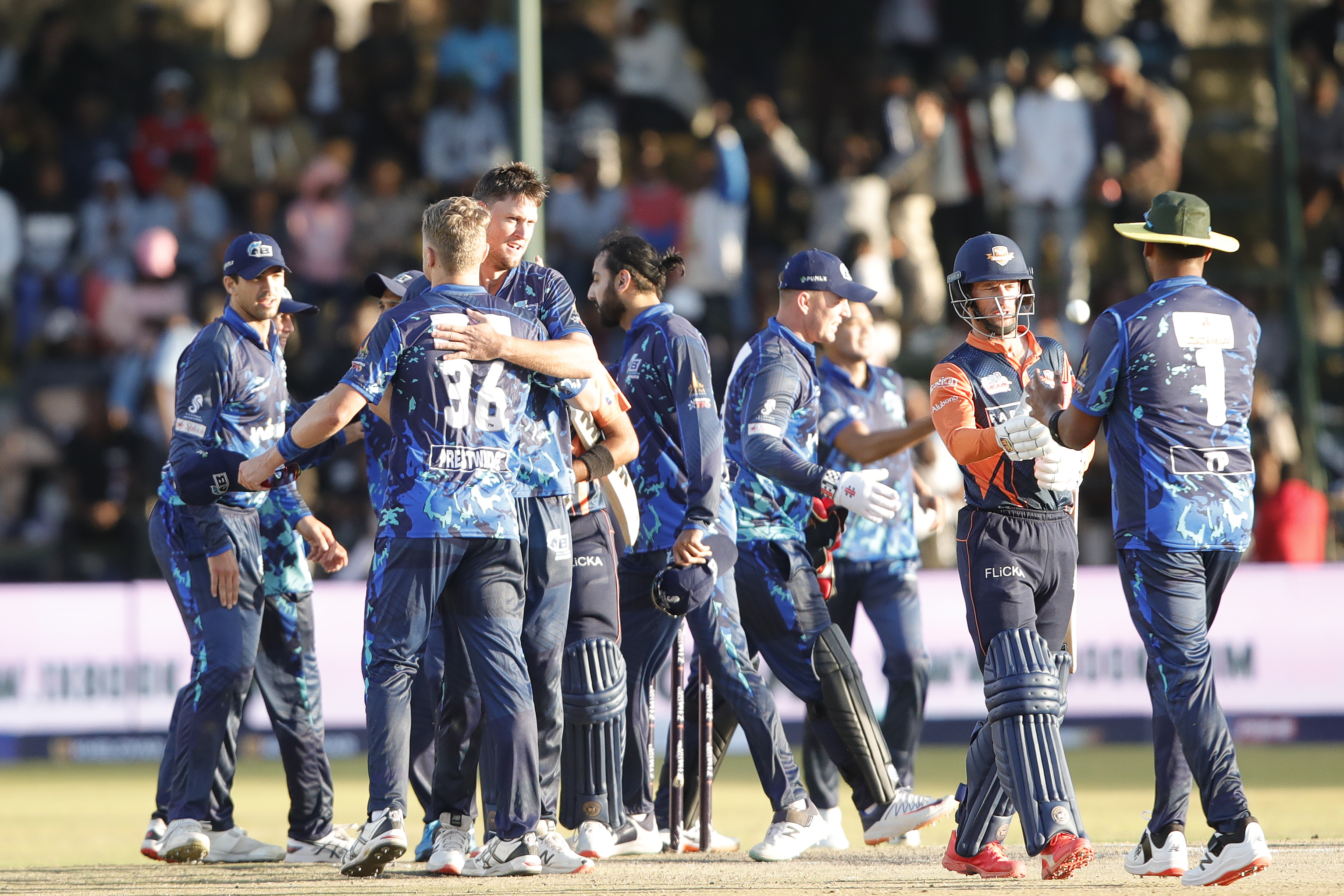 Bulawayo Braves celebrating win during match 16 of the Zim Afro T10 League between the Cape Town Samp Army and the Bulawayo Braves at the Harare Sports Club in the Zimbabwe on the 26th July 2023Photo by Saikat Das / ACEIMAGES for Zim Afro T10