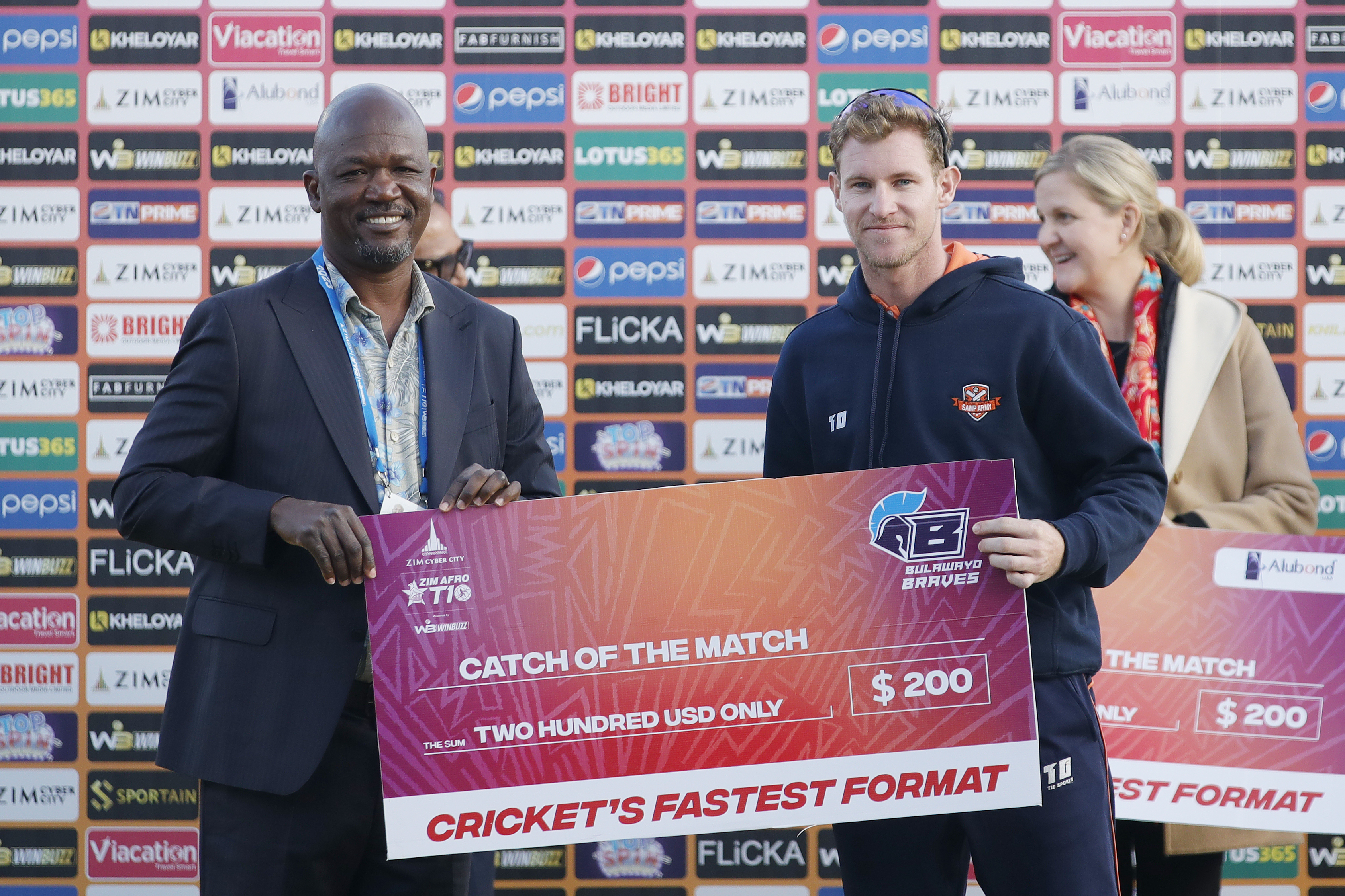 Jonathan Campbell with Catch of the Match Award during match 16 of the Zim Afro T10 League between the Cape Town Samp Army and the Bulawayo Braves at the Harare Sports Club in the Zimbabwe on the 26th July 2023Photo by Saikat Das / ACEIMAGES for Zim Afro T10