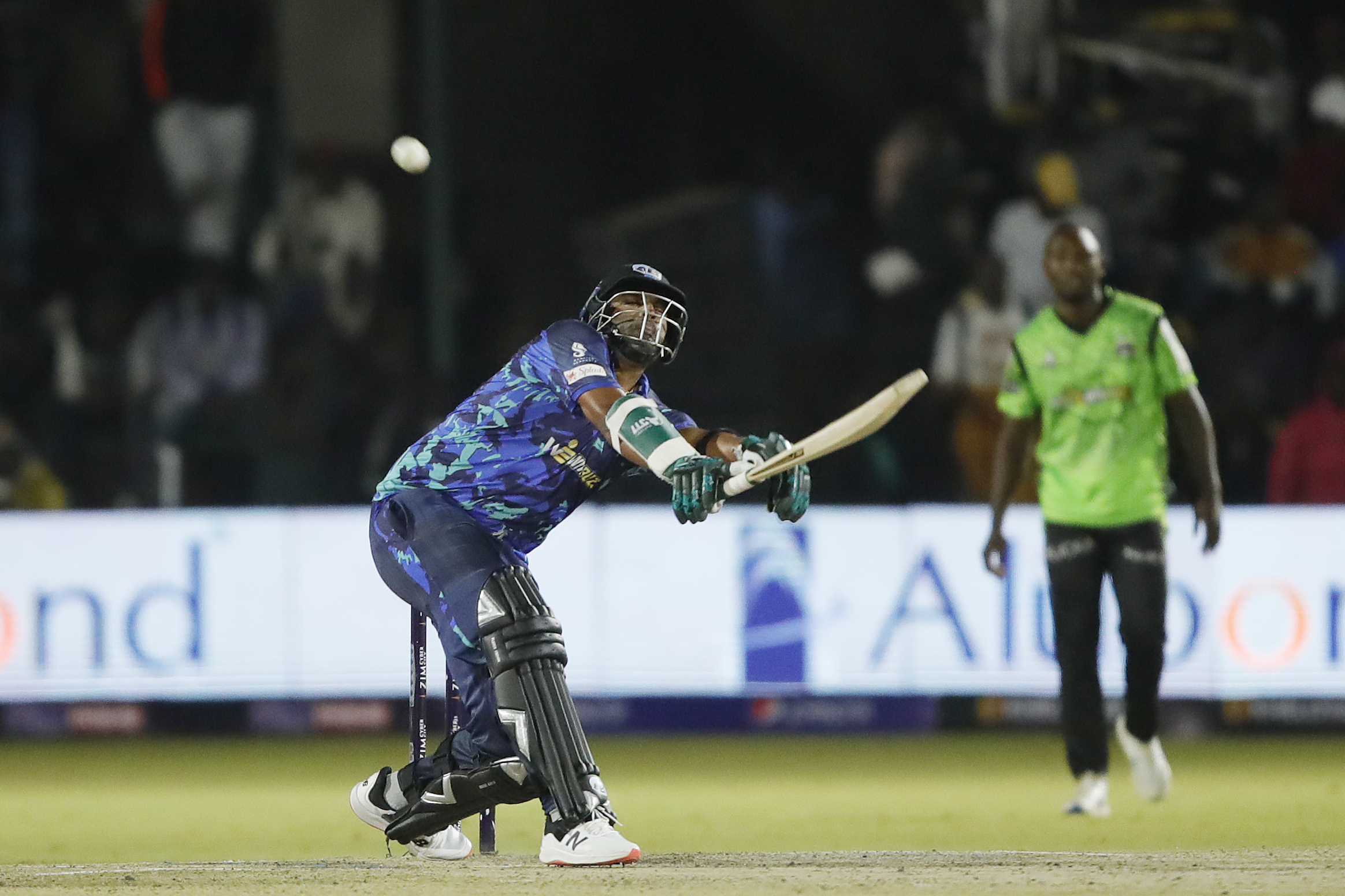 Thisara Perera  of Bulawayo Braves hitting a over boundary during match 19 of the Zim Afro T10 League between the Durban Qalandars and the Bulawayo Braves at the Harare Sports Club in the Zimbabwe on the 27th July 2023Photo by Saikat Das / ACEIMAGES for Zim Afro T10