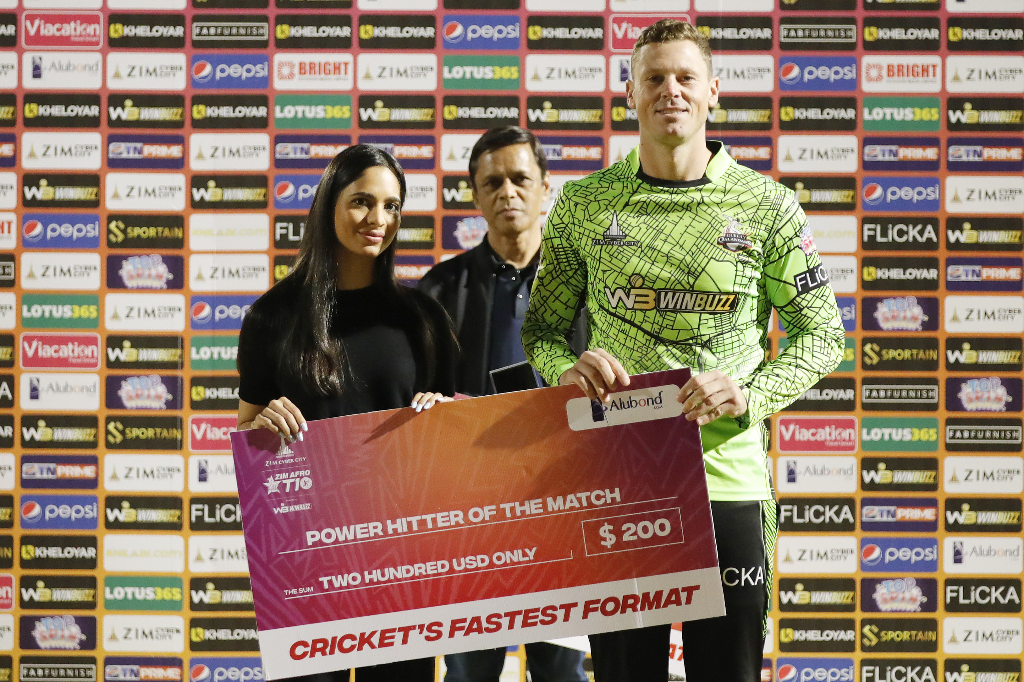 George Linde of Durban Qalandars with Power Hitter of the Match award during match 19 of the Zim Afro T10 League between the Durban Qalandars and the Bulawayo Braves at the Harare Sports Club in the Zimbabwe on the 27th July 2023Photo by Saikat Das / ACEIMAGES for Zim Afro T10