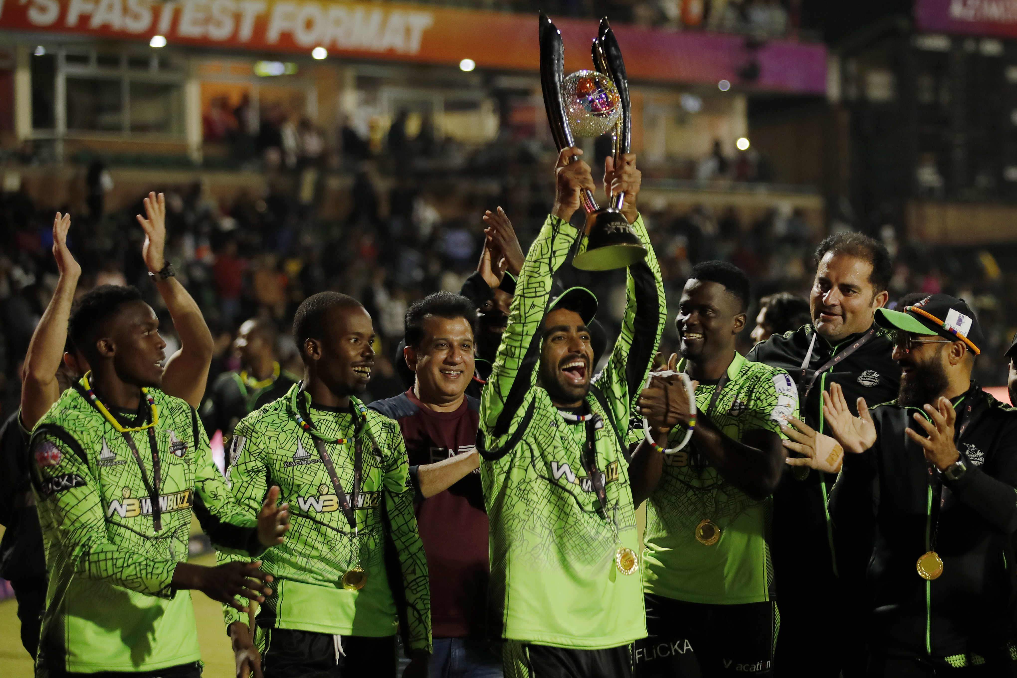 Durban Qalandars celebrating win during final match  of the Zim Afro T10 League between the Joburg Buffaloes and the Durban Qalandars at the Harare Sports Club in the Zimbabwe on the 29th July 2023Photo by Saikat Das / ACEIMAGES for Zim Afro T10
