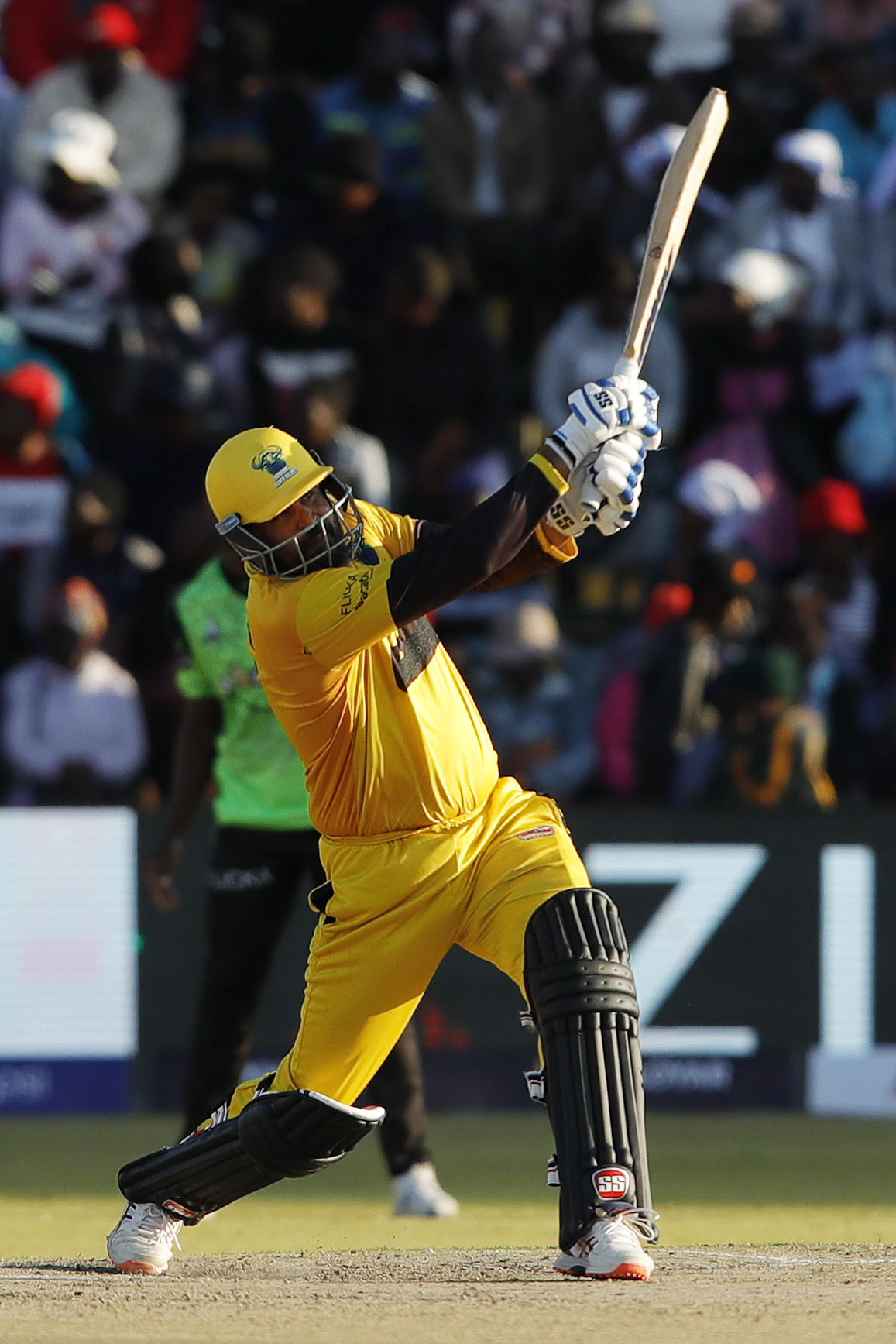 Yusuf Pathan of Joburg Buffaloes hitting a over boundary during match 21 1st Qualifier of the Zim Afro T10 League between the Durban Qalandars and the Joburg Buffaloes at the Harare Sports Club in the Zimbabwe on the 28th July 2023Photo by Saikat Das / ACEIMAGES for Zim Afro T10
