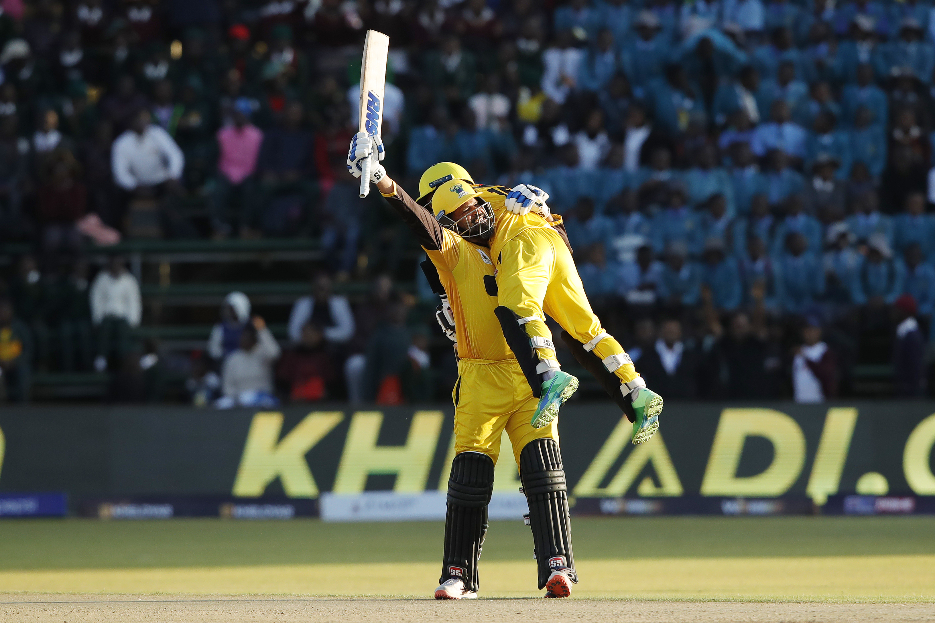 Yusuf Pathan of Joburg Buffaloes and Mushfiqur Rahim of Joburg Buffaloes celebrating win during match 21 1st Qualifier of the Zim Afro T10 League between the Durban Qalandars and the Joburg Buffaloes at the Harare Sports Club in the Zimbabwe on the 28th July 2023Photo by Saikat Das / ACEIMAGES for Zim Afro T10