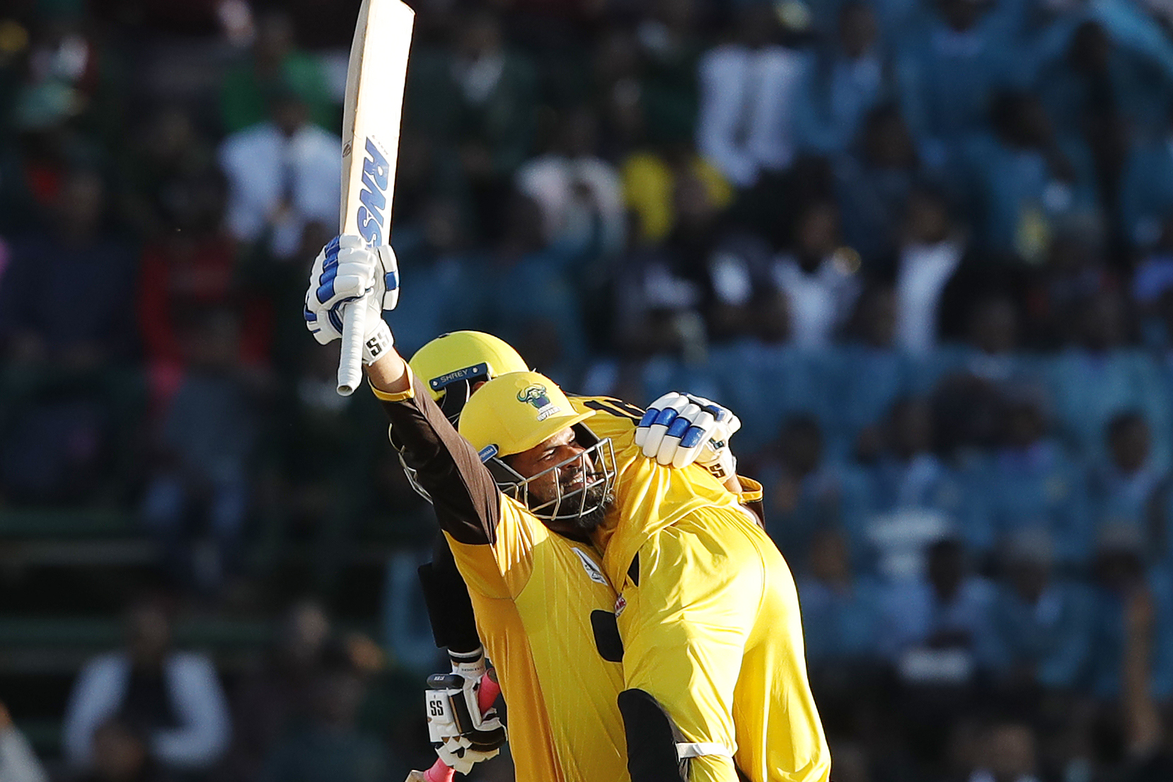 Yusuf Pathan of Joburg Buffaloes and Mushfiqur Rahim of Joburg Buffaloes celebrating win during match 21 1st Qualifier of the Zim Afro T10 League between the Durban Qalandars and the Joburg Buffaloes at the Harare Sports Club in the Zimbabwe on the 28th July 2023Photo by Saikat Das / ACEIMAGES for Zim Afro T10