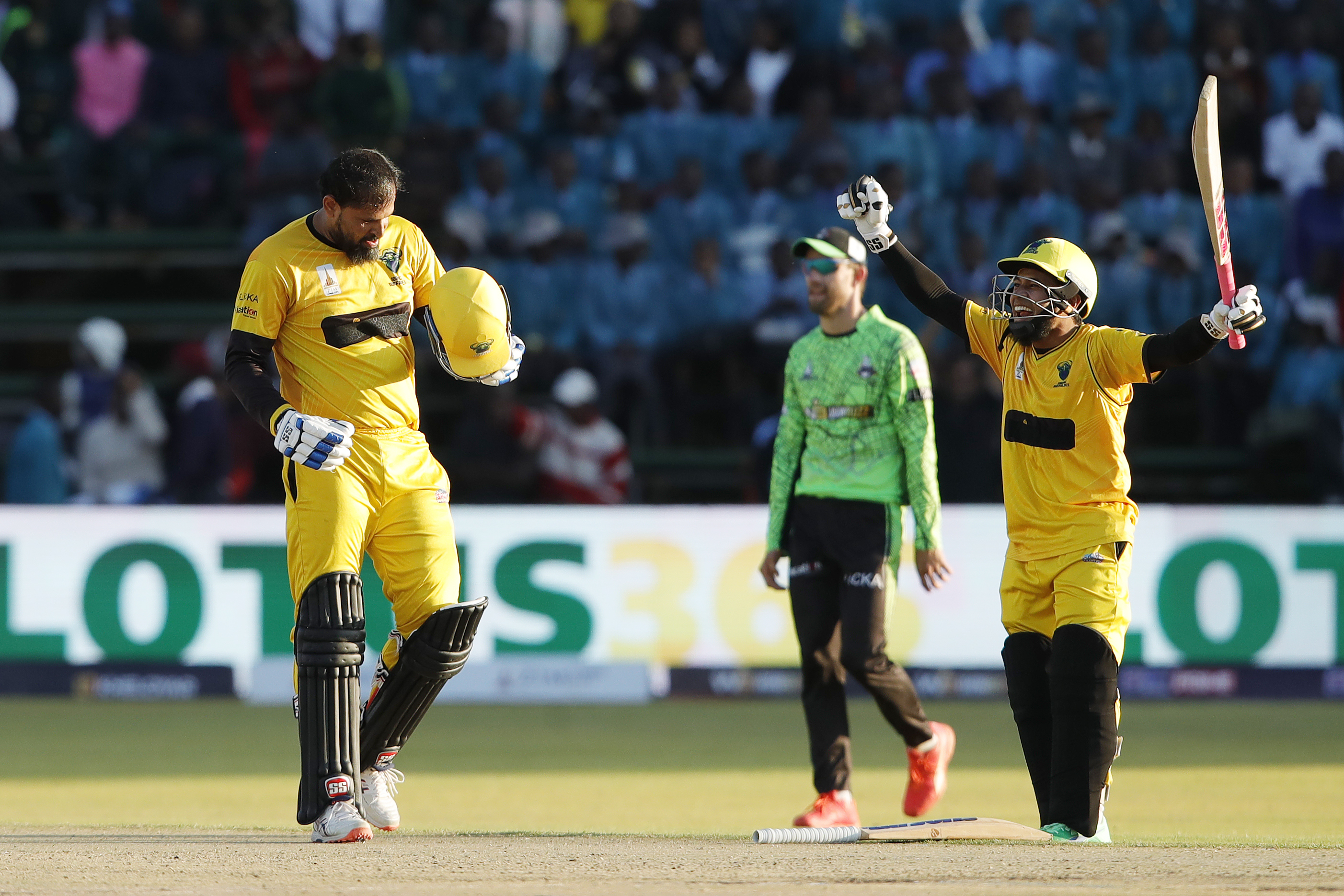 Yusuf Pathan of Joburg Buffaloes and Mushfiqur Rahim of Joburg Buffaloes celebrating win during match 21 1st Qualifier of the Zim Afro T10 League between the Durban Qalandars and the Joburg Buffaloes at the Harare Sports Club in the Zimbabwe on the 28th July 2023Photo by Saikat Das / ACEIMAGES for Zim Afro T10