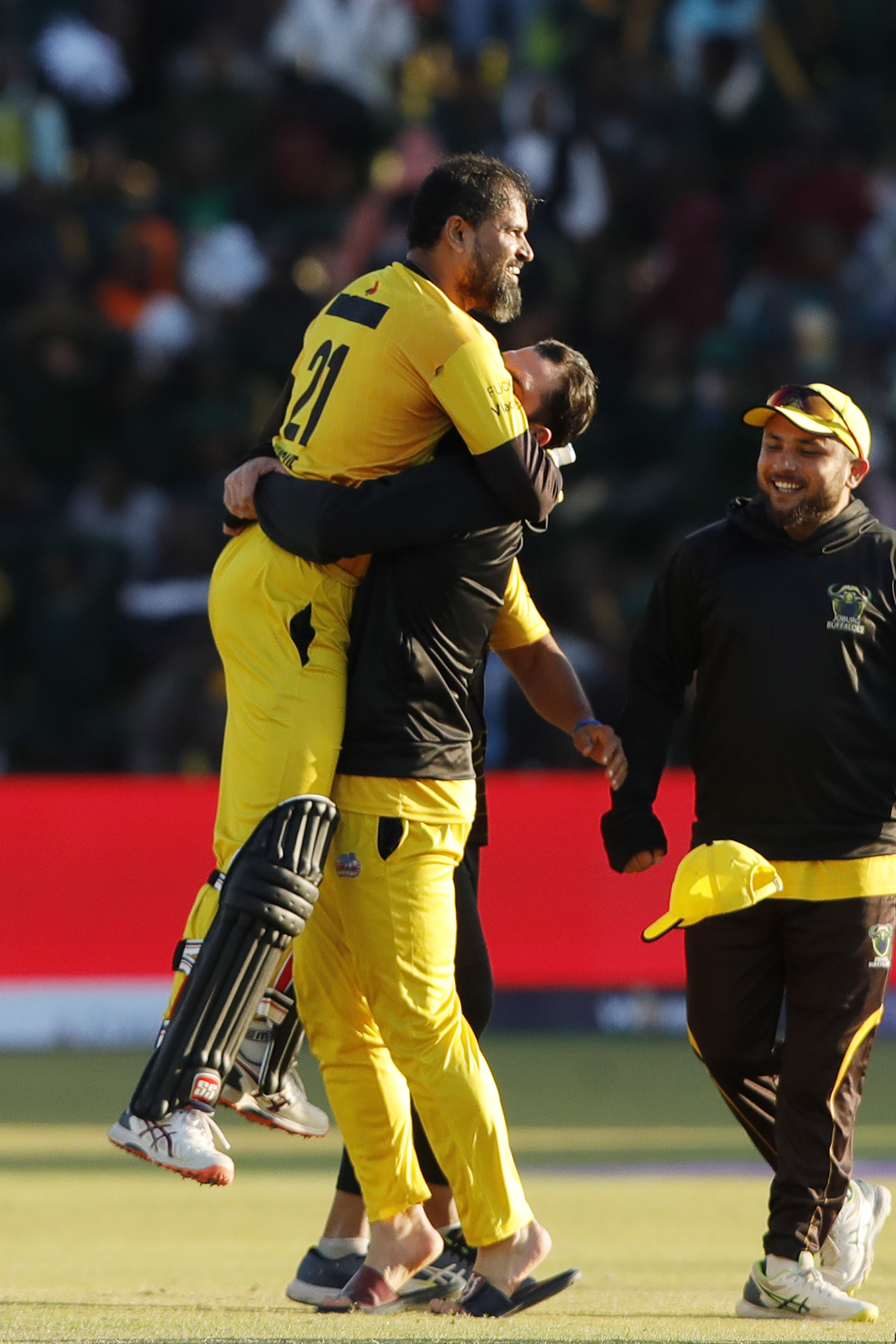 Yusuf Pathan of Joburg Buffaloes and Mushfiqur Rahim of Joburg Buffaloes celebrating win during match 21 1st Qualifier of the Zim Afro T10 League between the Durban Qalandars and the Joburg Buffaloes at the Harare Sports Club in the Zimbabwe on the 28th July 2023Photo by Saikat Das / ACEIMAGES for Zim Afro T10