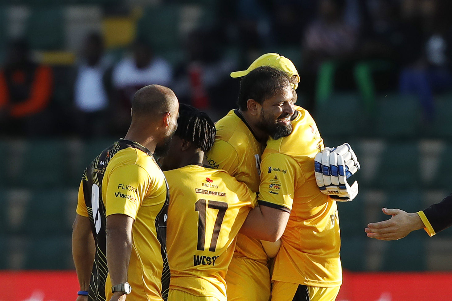 Yusuf Pathan of Joburg Buffaloes and Mushfiqur Rahim of Joburg Buffaloes celebrating win during match 21 1st Qualifier of the Zim Afro T10 League between the Durban Qalandars and the Joburg Buffaloes at the Harare Sports Club in the Zimbabwe on the 28th July 2023Photo by Saikat Das / ACEIMAGES for Zim Afro T10