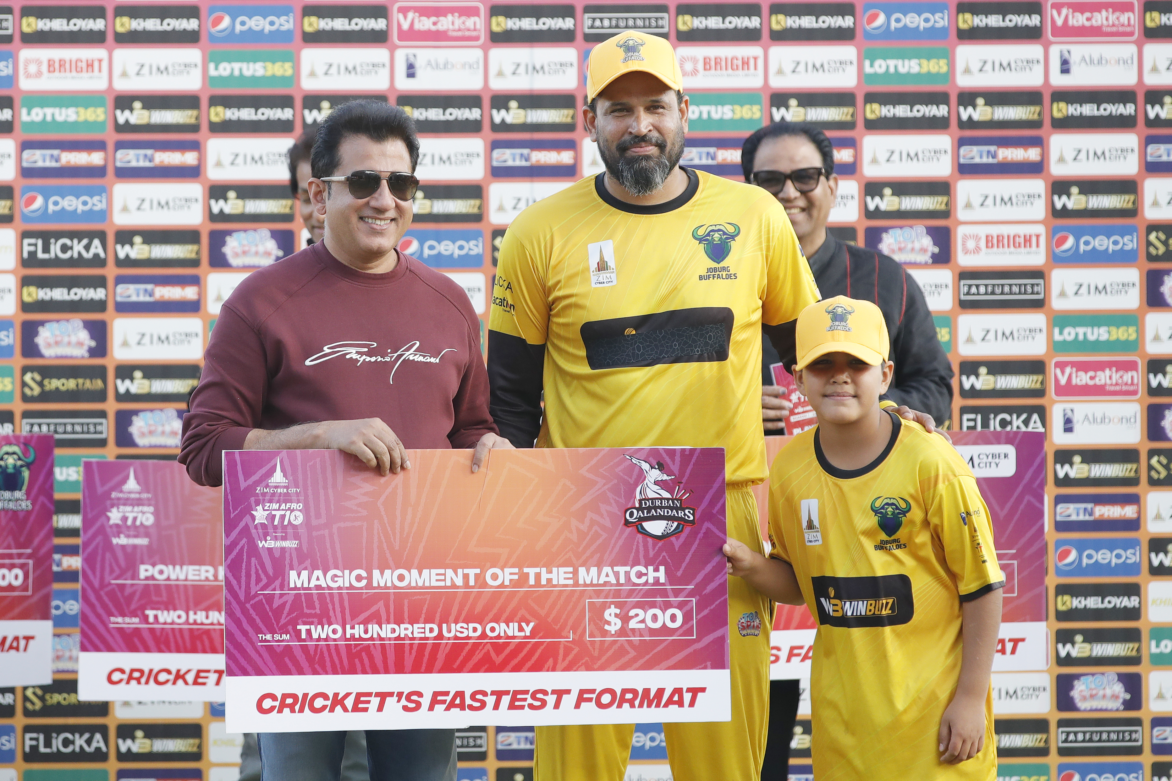Yusuf Pathan of Joburg Buffaloes with Player of the Match awardduring match 21 1st Qualifier of the Zim Afro T10 League between the Durban Qalandars and the Joburg Buffaloes at the Harare Sports Club in the Zimbabwe on the 28th July 2023Photo by Saikat Das / ACEIMAGES for Zim Afro T10