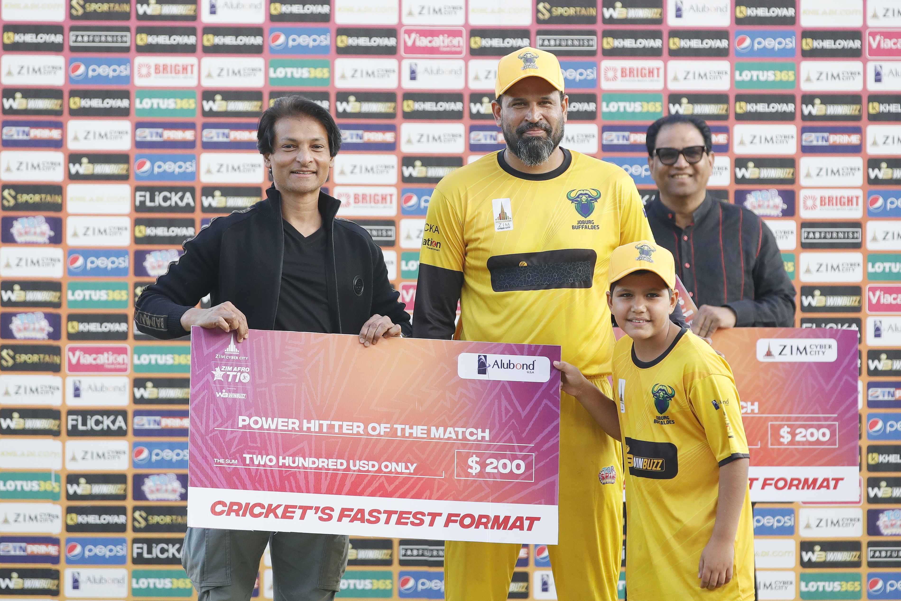 Yusuf Pathan of Joburg Buffaloes with Power Hitter of the Match award during match 21 1st Qualifier of the Zim Afro T10 League between the Durban Qalandars and the Joburg Buffaloes at the Harare Sports Club in the Zimbabwe on the 28th July 2023Photo by Saikat Das / ACEIMAGES for Zim Afro T10