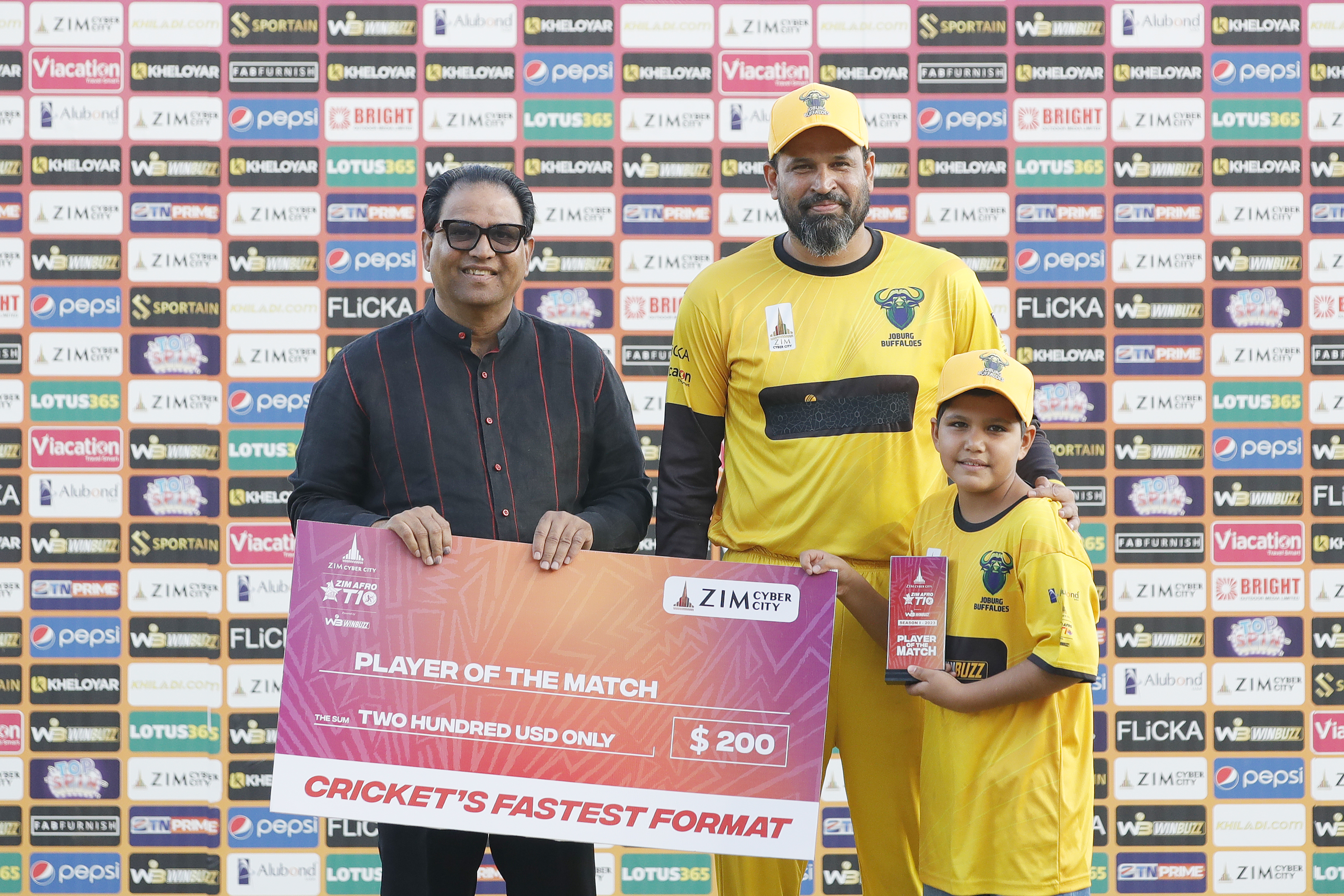 Yusuf Pathan of Joburg Buffaloes with Player of the Match awardduring match 21 1st Qualifier of the Zim Afro T10 League between the Durban Qalandars and the Joburg Buffaloes at the Harare Sports Club in the Zimbabwe on the 28th July 2023Photo by Saikat Das / ACEIMAGES for Zim Afro T10