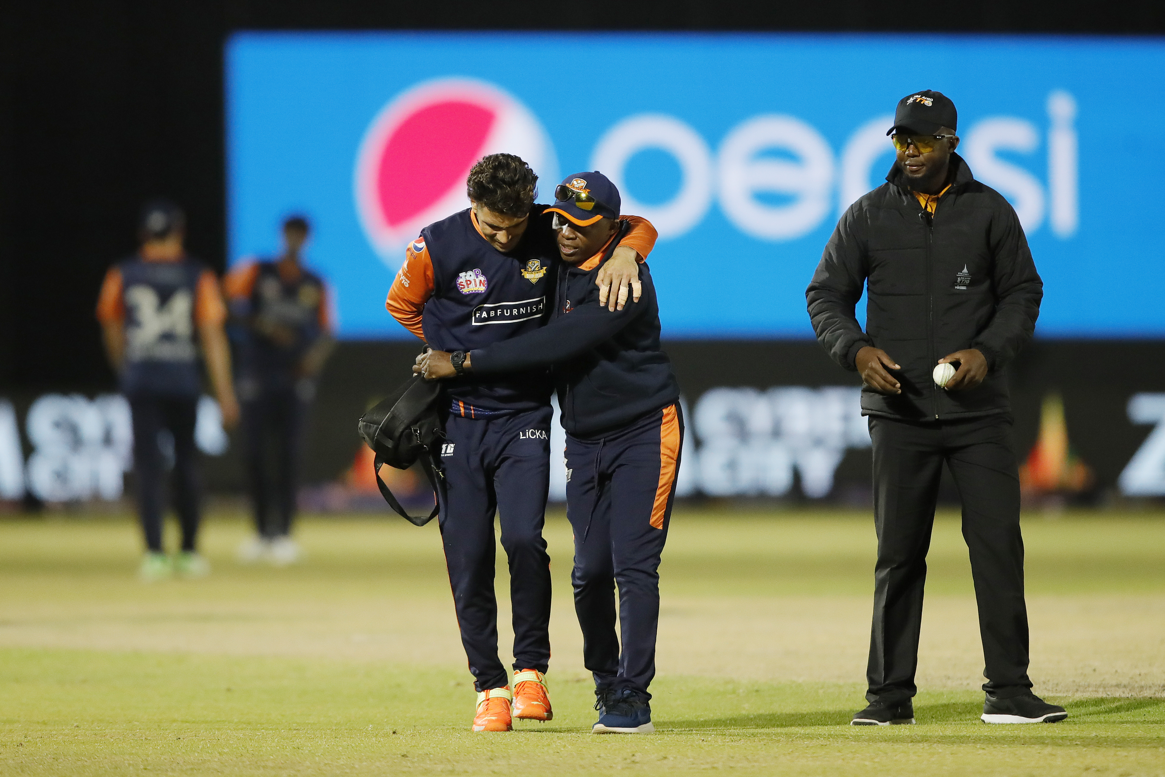 Rahmanullah Gurbaz of Cape Town Samp Army injured and going out of field during match 22 Eliminator of the Zim Afro T10 League between the Cape Town Samp Army  and the Harare Hurricanes at the Harare Sports Club in the Zimbabwe on the 28th July 2023Photo by Saikat Das / ACEIMAGES for Zim Afro T10