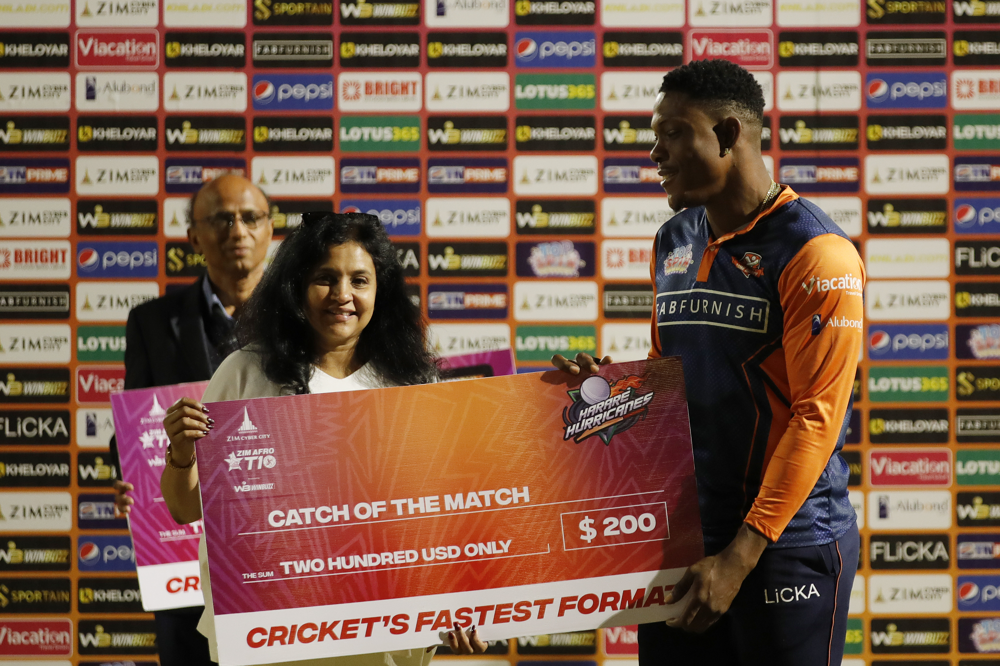 Sheldon Cottrel of Cape Town Samp Army with Catch of the Match Award during match 22 Eliminator of the Zim Afro T10 League between the Cape Town Samp Army  and the Harare Hurricanes at the Harare Sports Club in the Zimbabwe on the 28th July 2023Photo by Saikat Das / ACEIMAGES for Zim Afro T10