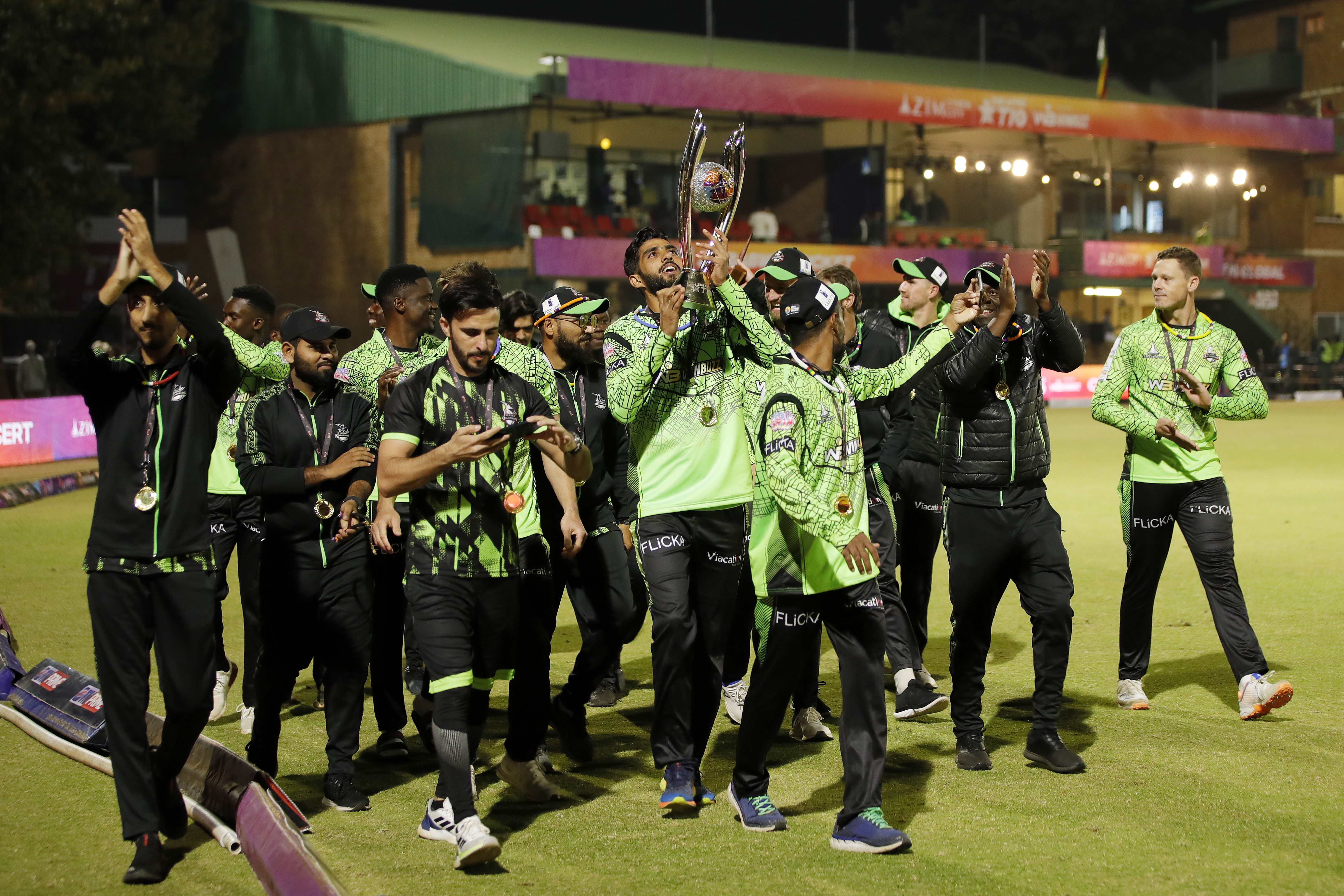 Durban Qalandars celebrating win during final match  of the Zim Afro T10 League between the Joburg Buffaloes and the Durban Qalandars at the Harare Sports Club in the Zimbabwe on the 29th July 2023Photo by Saikat Das / ACEIMAGES for Zim Afro T10