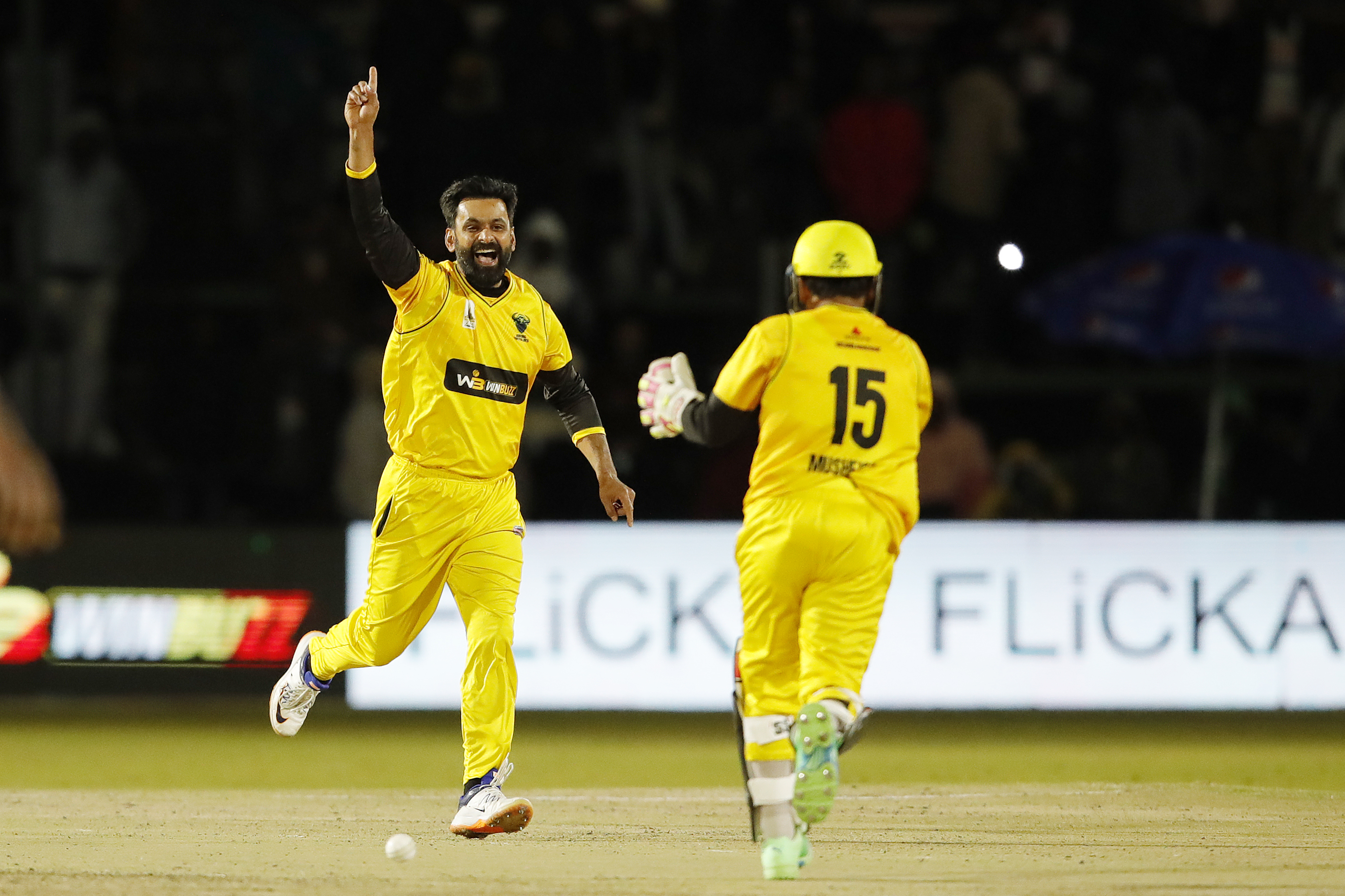 Mohamed Hafeez (c) of Johannesburg Buffaloes celebrating the wicket during match 3 of the Zim Afro T10 League between the Johannesburg Buffaloes and the Bulawayo Braves held at the Harare Sports Club in the Zimbabwe on the 21st July 2023Photo by Saikat Das / ACEIMAGES for Zim Afro T10