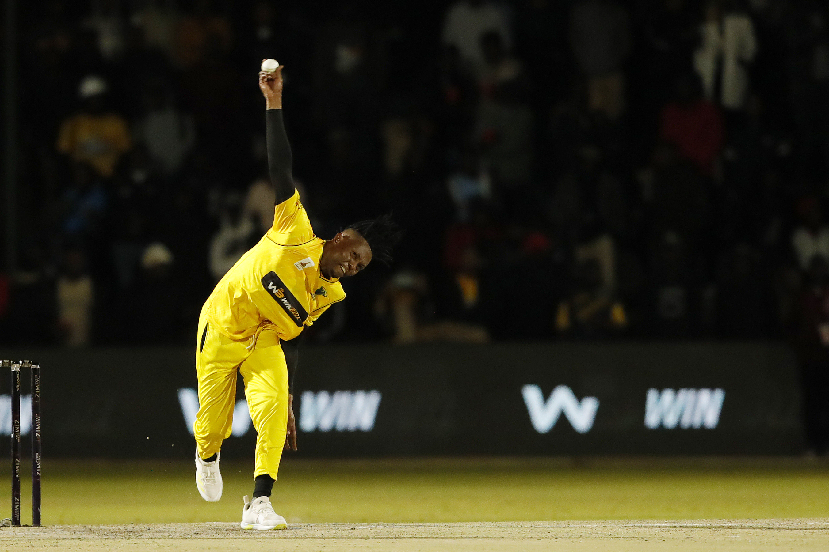 Victor Nyauchi of Johannesburg Buffaloes bowling during match 3 of the Zim Afro T10 League between the Johannesburg Buffaloes and the Bulawayo Braves held at the Harare Sports Club in the Zimbabwe on the 21st July 2023Photo by Saikat Das / ACEIMAGES for Zim Afro T10