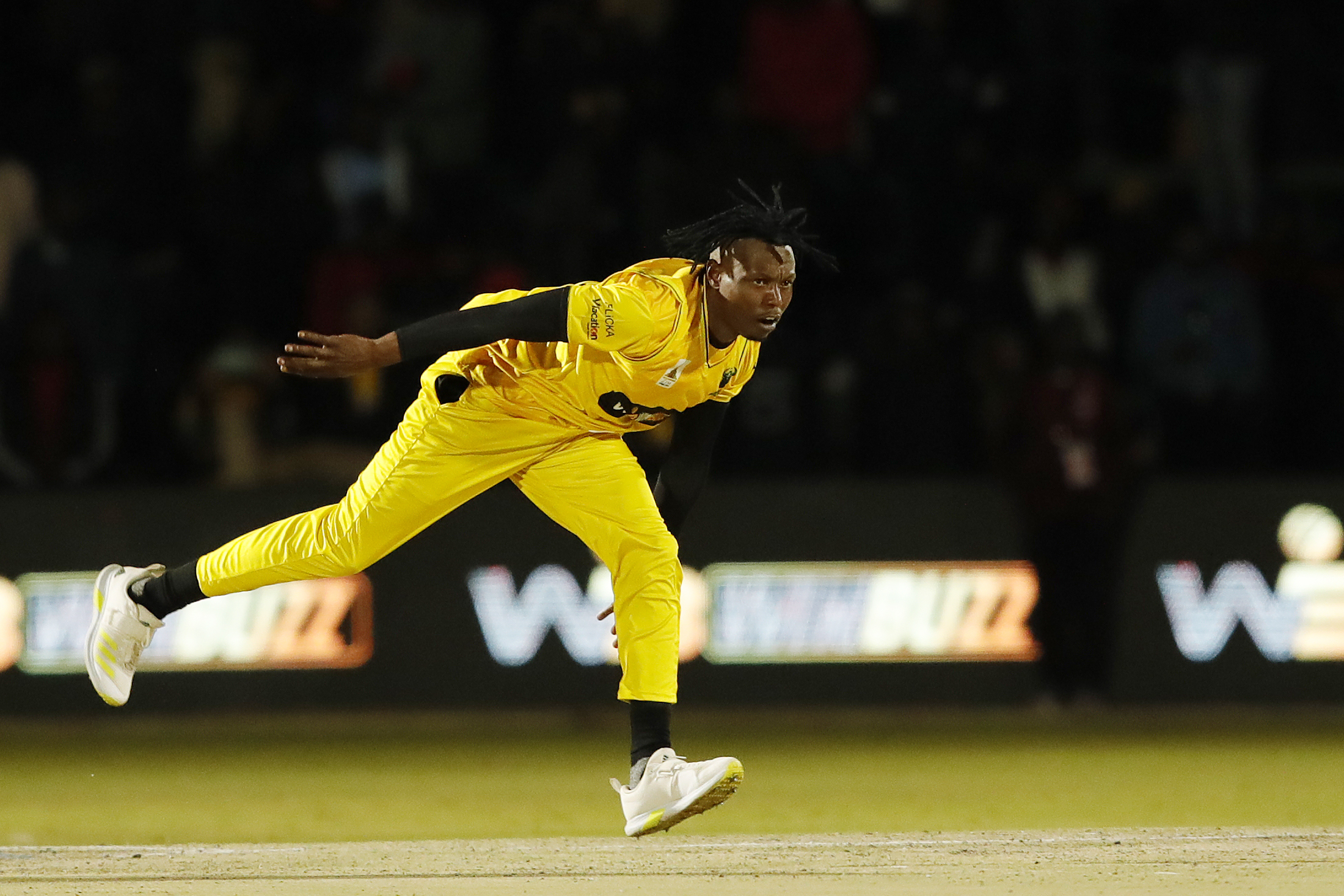 Victor Nyauchi of Johannesburg Buffaloes bowling during match 3 of the Zim Afro T10 League between the Johannesburg Buffaloes and the Bulawayo Braves held at the Harare Sports Club in the Zimbabwe on the 21st July 2023Photo by Saikat Das / ACEIMAGES for Zim Afro T10