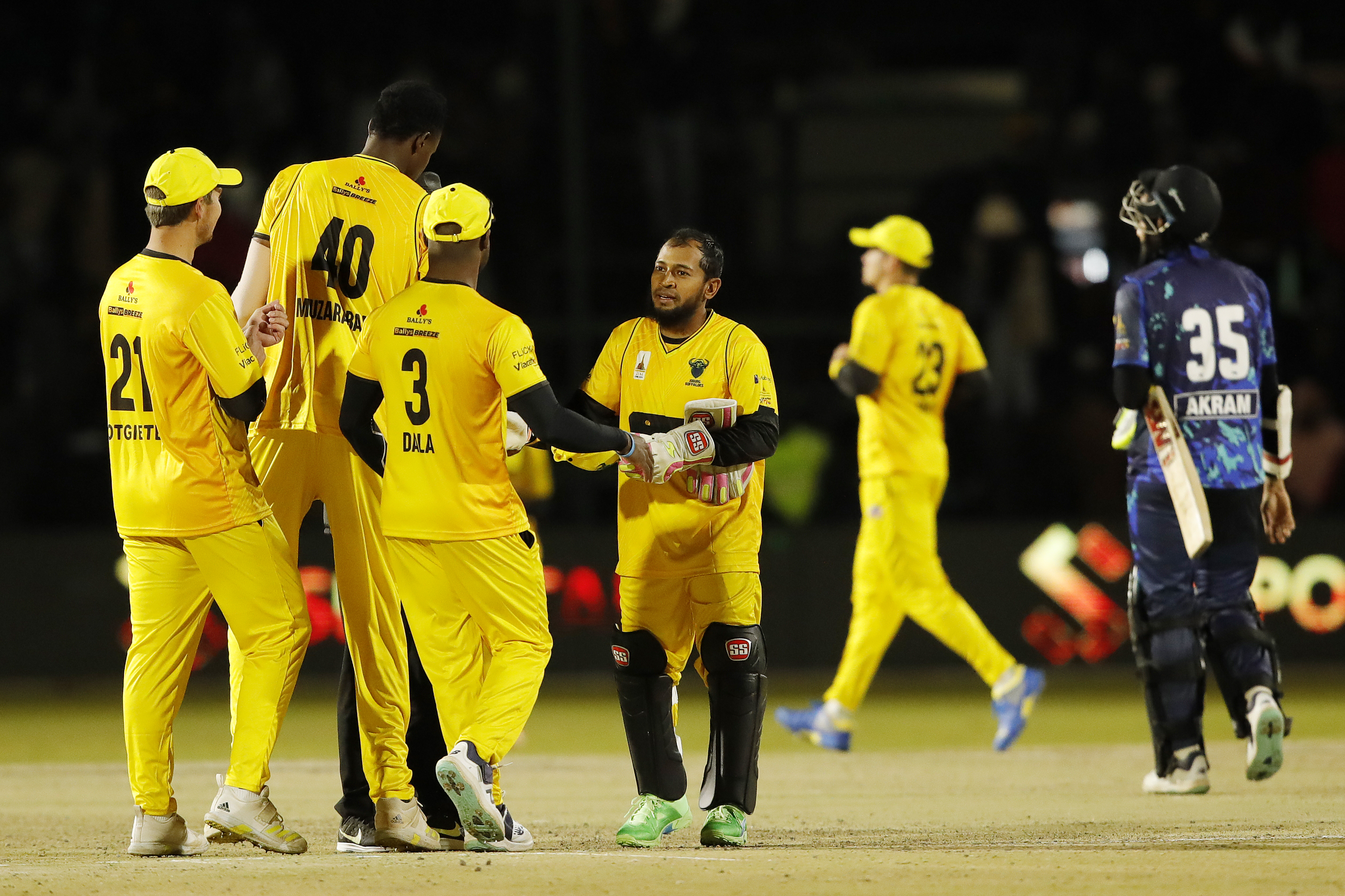 Johannesburg Buffaloes celebrating win during match 3 of the Zim Afro T10 League between the Johannesburg Buffaloes and the Bulawayo Braves held at the Harare Sports Club in the Zimbabwe on the 21st July 2023Photo by Saikat Das / ACEIMAGES for Zim Afro T10