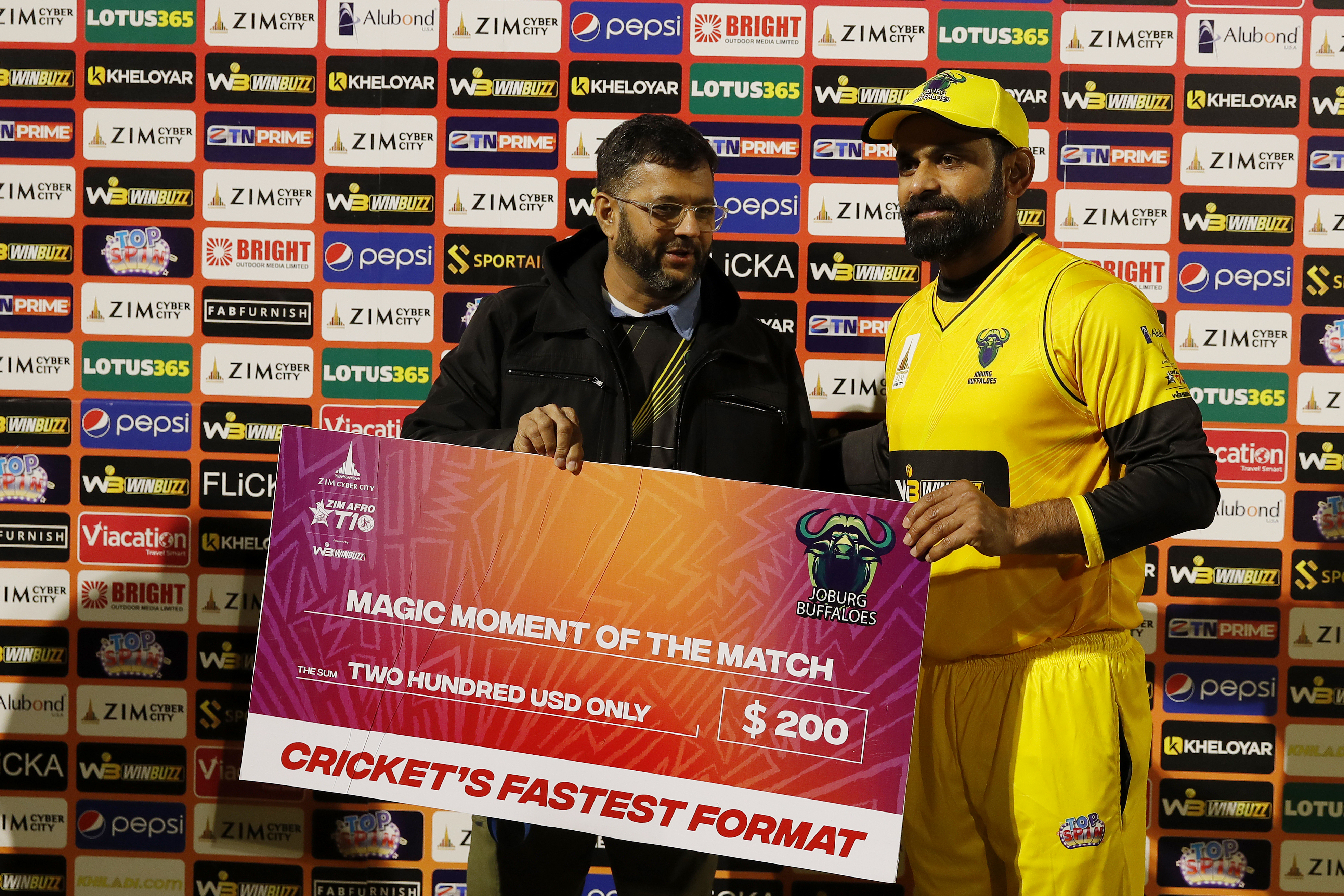 Mohamed Hafeez (c) of Johannesburg Buffaloes with Player of the Match award during match 3 of the Zim Afro T10 League between the Johannesburg Buffaloes and the Bulawayo Braves held at the Harare Sports Club in the Zimbabwe on the 21st July 2023Photo by Saikat Das / ACEIMAGES for Zim Afro T10