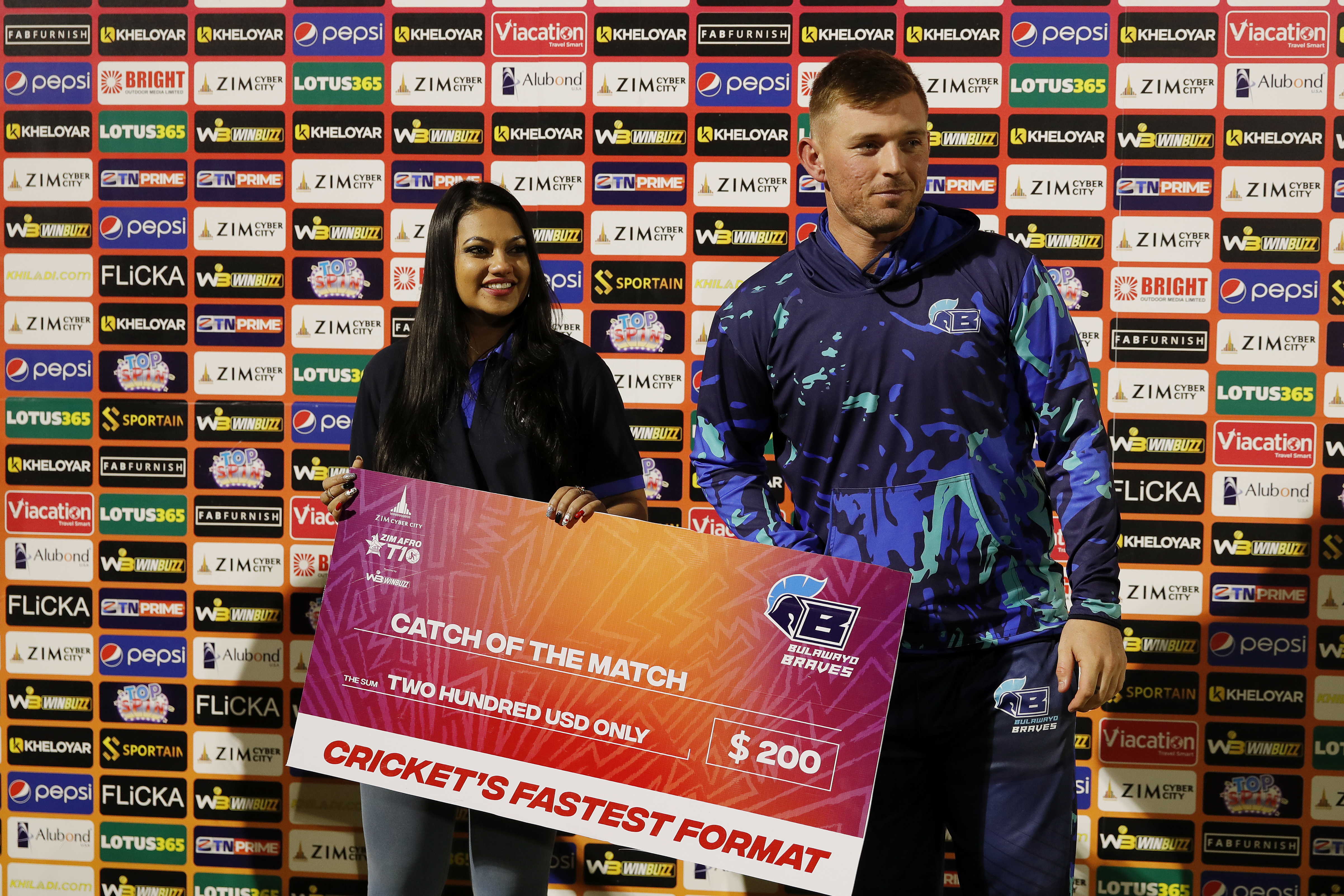 Rinin Branson of Bulawayo Braves with Catch of the Match Award during match 3 of the Zim Afro T10 League between the Johannesburg Buffaloes and the Bulawayo Braves held at the Harare Sports Club in the Zimbabwe on the 21st July 2023Photo by Saikat Das / ACEIMAGES for Zim Afro T10