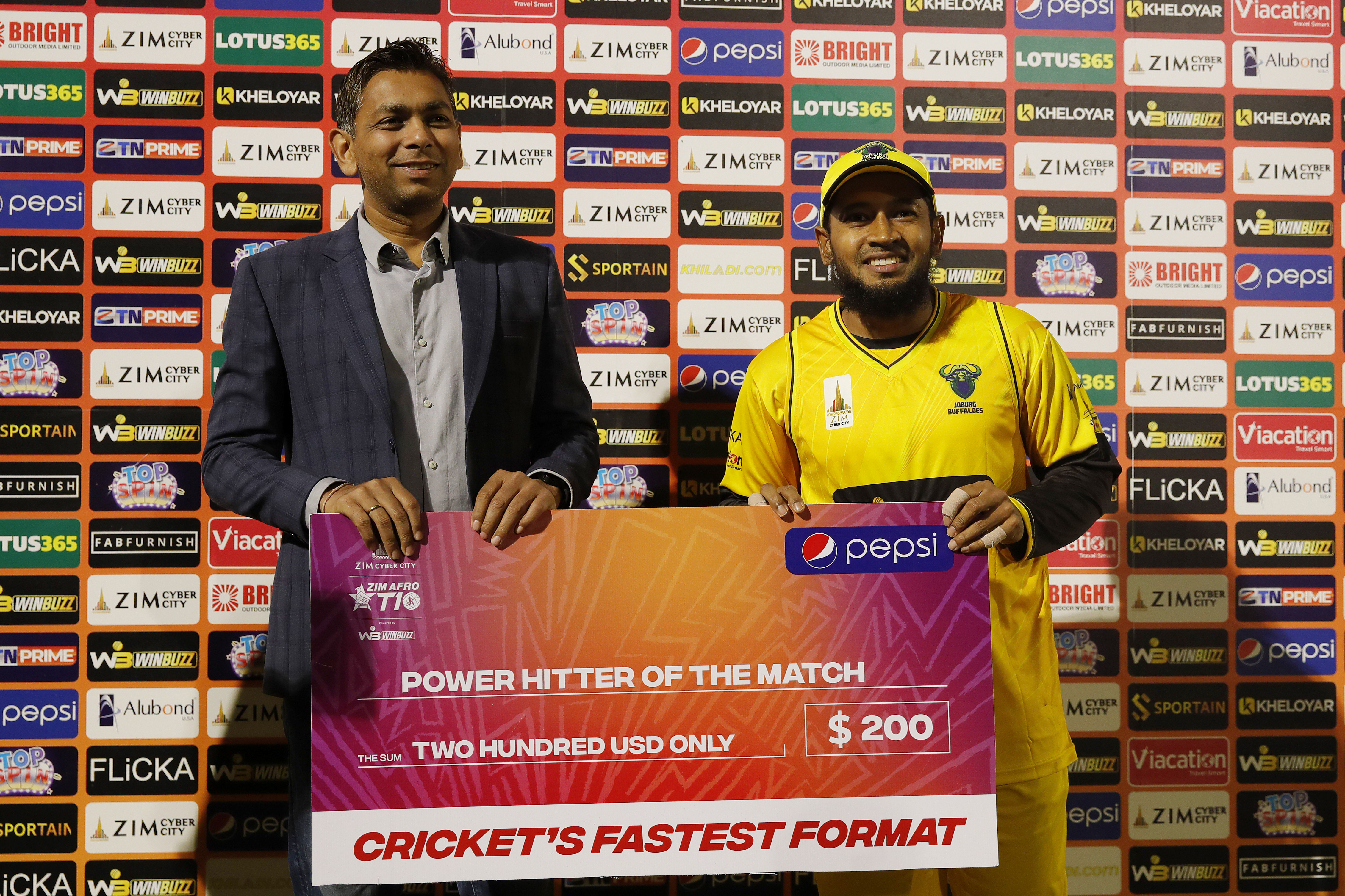 Mushfiqur Rahim of Johannesburg Buffaloes with Power Hitter of the Match award during match 3 of the Zim Afro T10 League between the Johannesburg Buffaloes and the Bulawayo Braves held at the Harare Sports Club in the Zimbabwe on the 21st July 2023Photo by Saikat Das / ACEIMAGES for Zim Afro T10