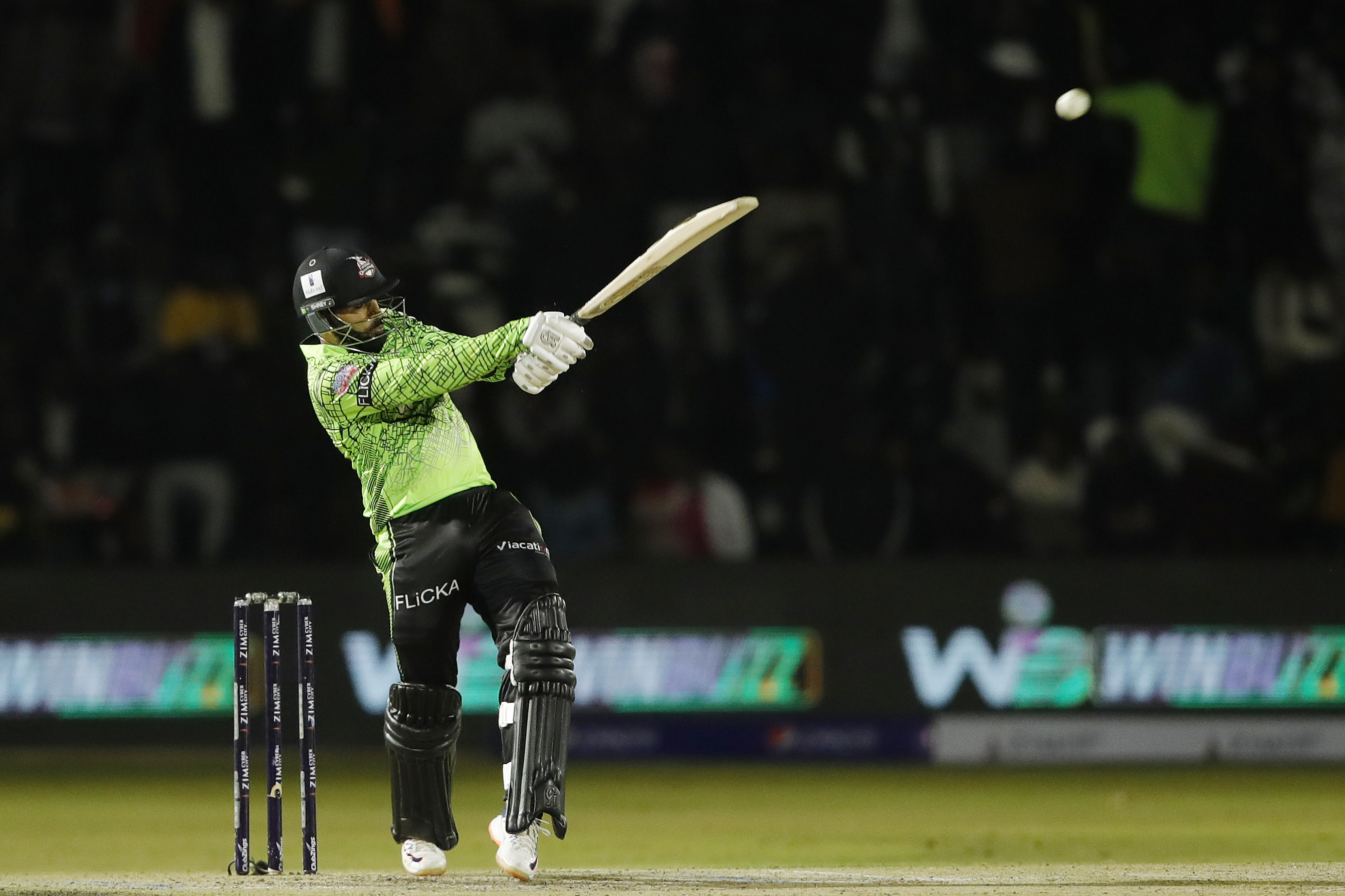 Asif Ali of Durban Qalandars hitting a over boundary during match 5 of the Zim Afro T10 League between the Durban Qalandars and the Johannesburg Buffaloes held at the Harare Sports Club in the Zimbabwe on the 22nd July 2023Photo by Saikat Das / ACEIMAGES for Zim Afro T10