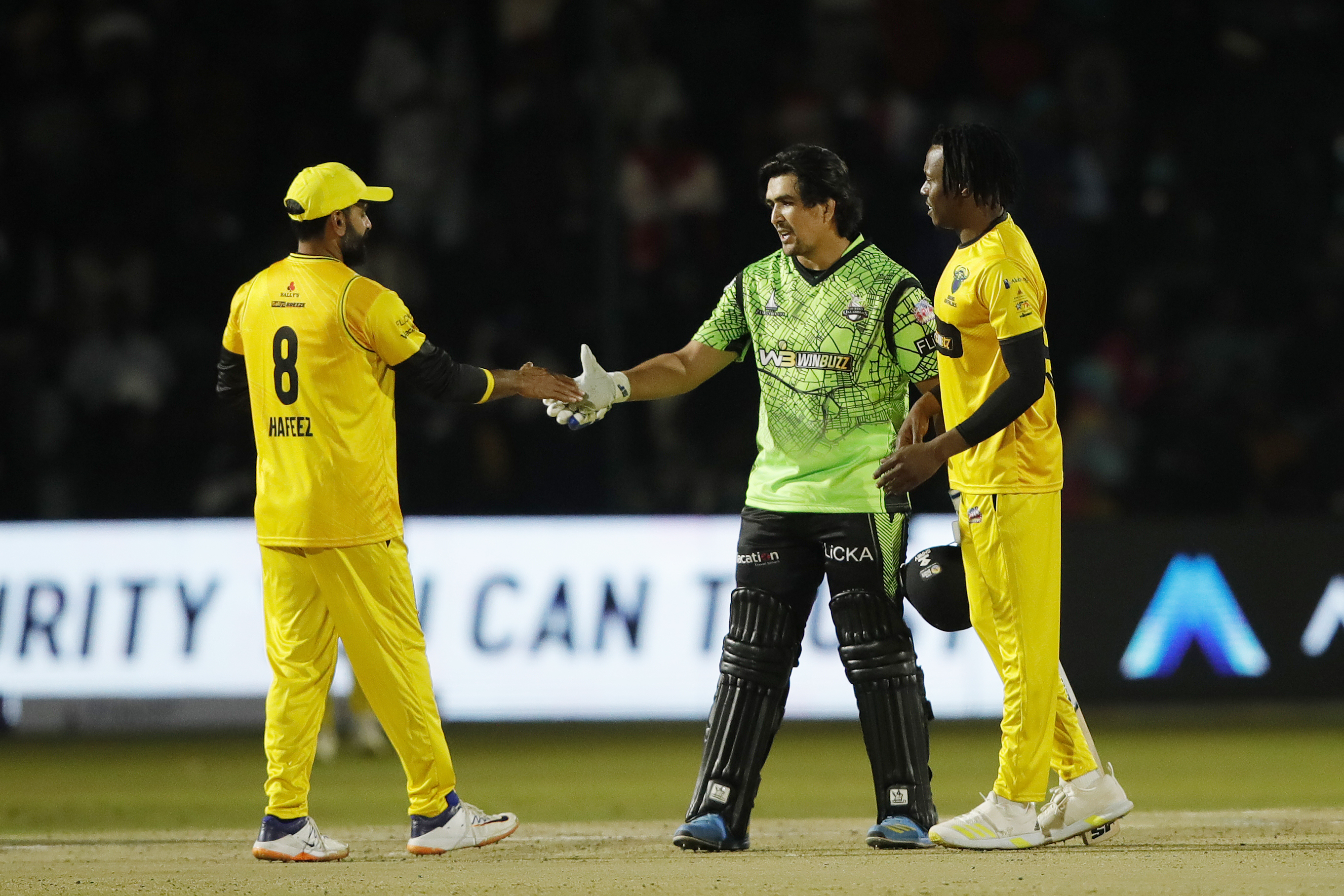 Durban Qalandars celebrating win during match 5 of the Zim Afro T10 League between the Durban Qalandars and the Johannesburg Buffaloes held at the Harare Sports Club in the Zimbabwe on the 22nd July 2023Photo by Saikat Das / ACEIMAGES for Zim Afro T10