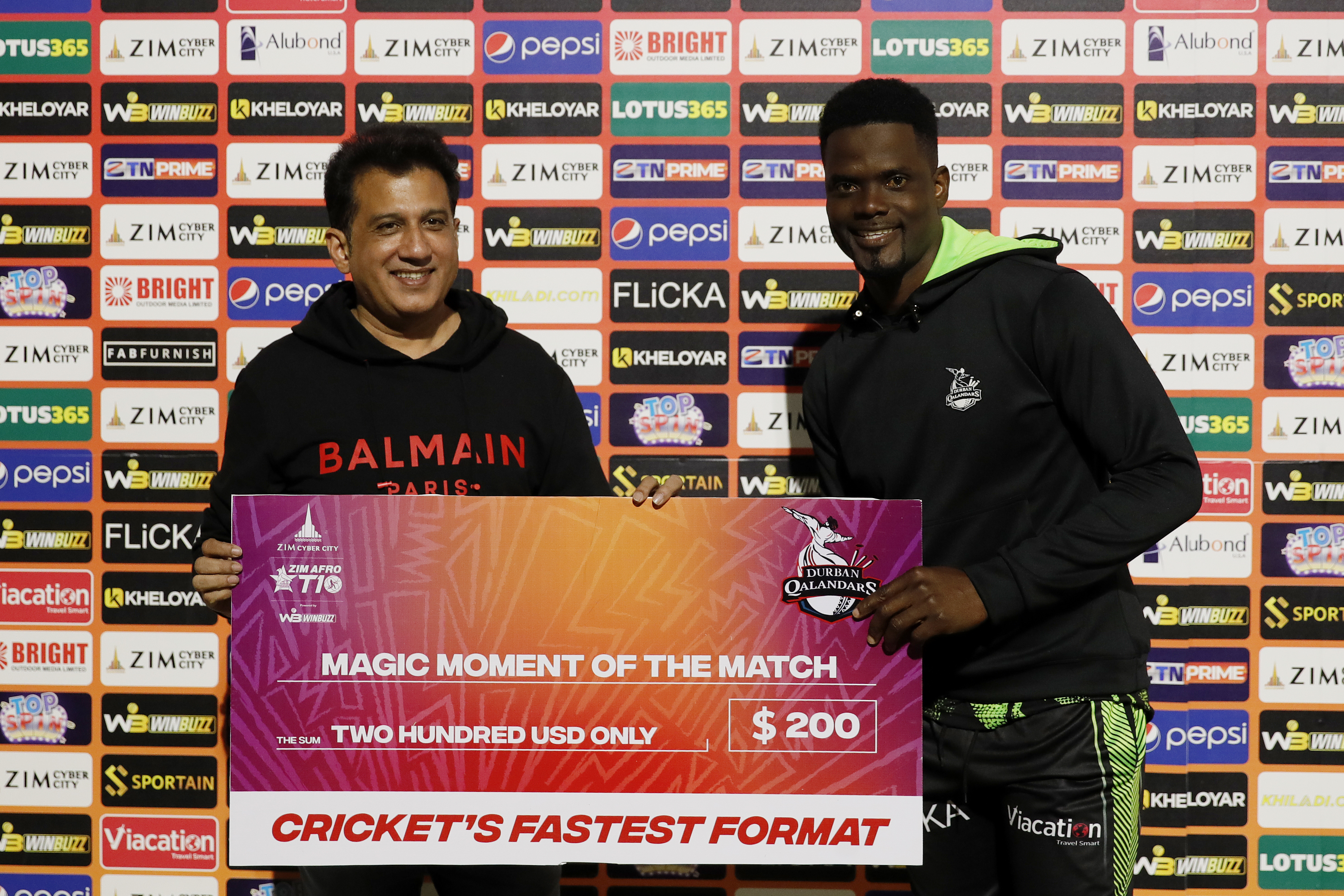 Andre Fleture of Durban Qalandars with Player of the Match awardduring match 5 of the Zim Afro T10 League between the Durban Qalandars and the Johannesburg Buffaloes held at the Harare Sports Club in the Zimbabwe on the 22nd July 2023Photo by Saikat Das / ACEIMAGES for Zim Afro T10