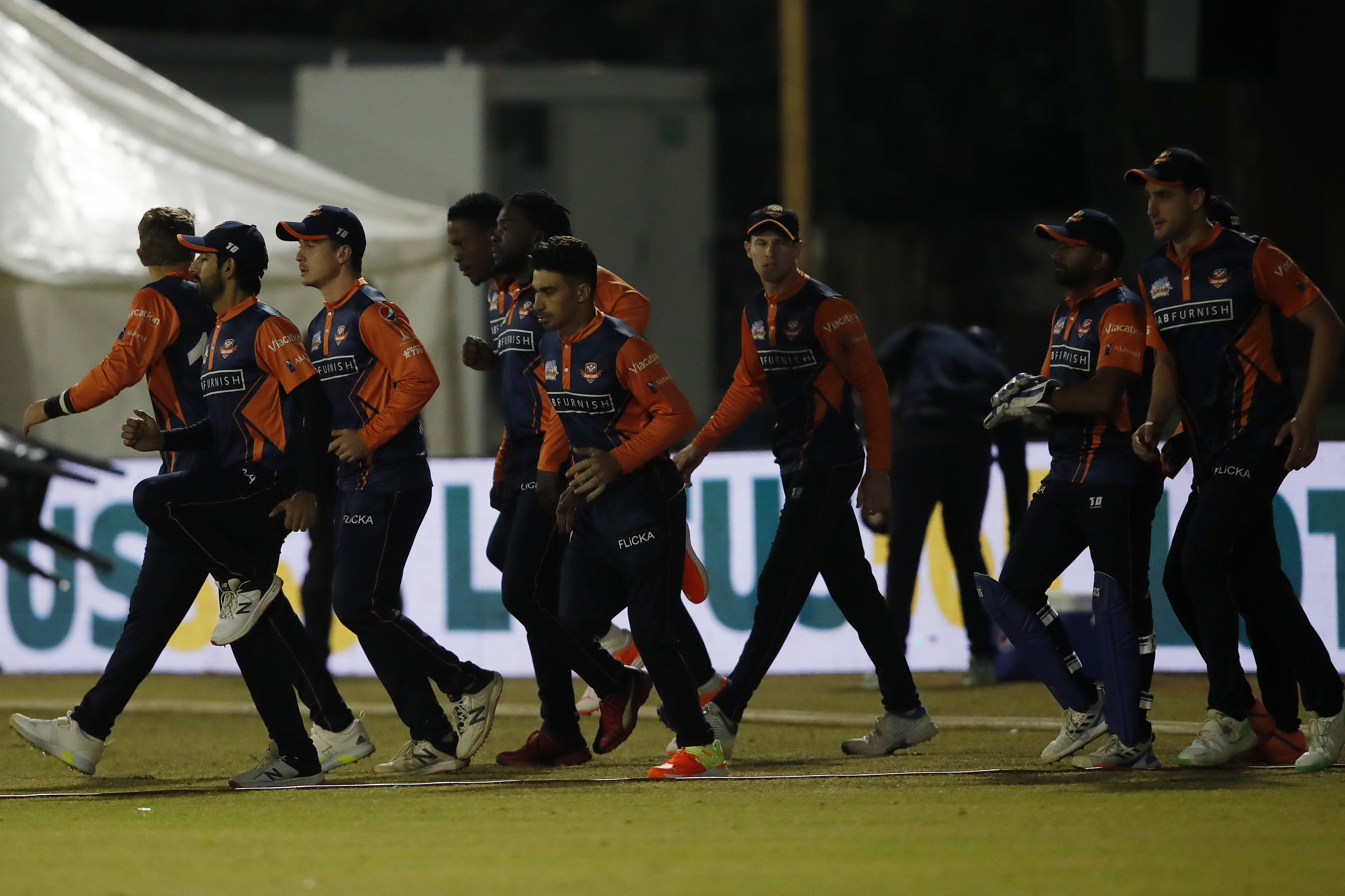 Cape Town Samp Army fielders entering the field of play during match 6 of the Zim Afro T10 League between the Bulawayo Braves and the Cape Town Samp Army held at the Harare Sports Club in the Zimbabwe on the 22nd July 2023Photo by Arjun Singh / ACEIMAGES for Zim Afro T10
