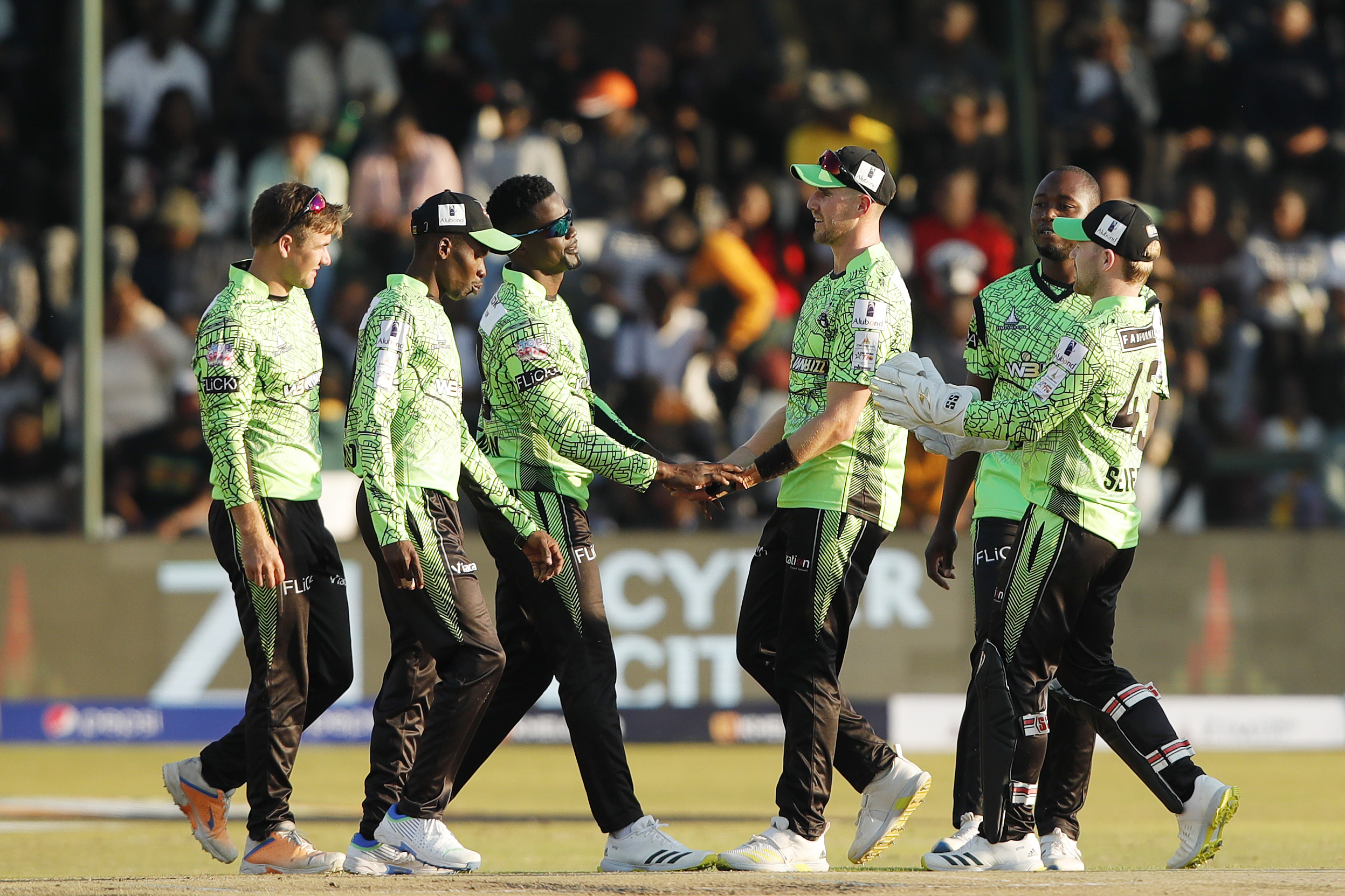 Durban Qalandars celebrating the wicket during match 7 of the Zim Afro T10 League between the Durban Qalandars and the Harare Hurricanes held at the Harare Sports Club in the Zimbabwe on the 23rd July 2023Photo by Saikat Das / ACEIMAGES for Zim Afro T10