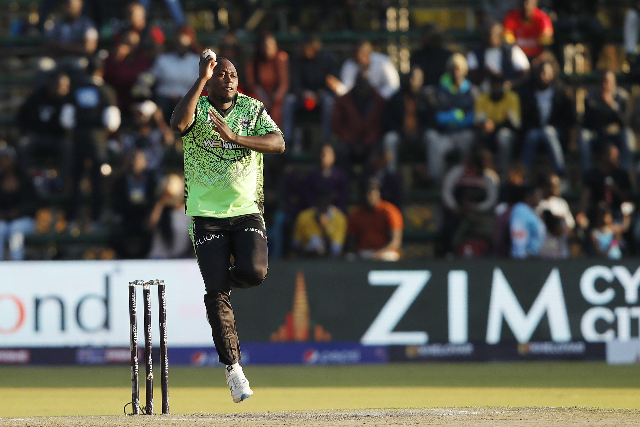 Tendai Chatara of Durban Qalandars bowling during match 7 of the Zim Afro T10 League between the Durban Qalandars and the Harare Hurricanes held at the Harare Sports Club in the Zimbabwe on the 23rd July 2023Photo by Saikat Das / ACEIMAGES for Zim Afro T10