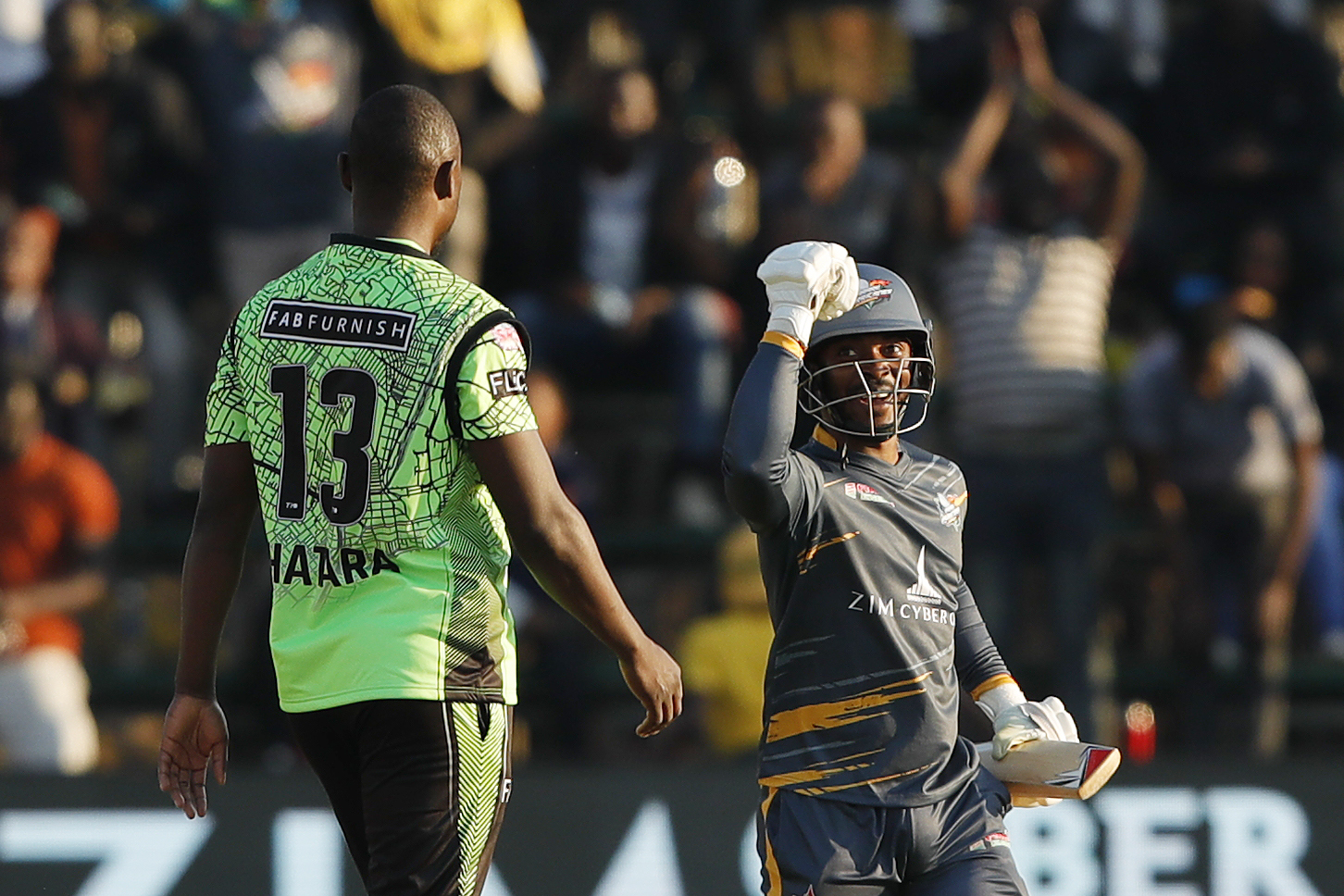 Regis Chakabva of Harare Hurricanes celebrating win during match 7 of the Zim Afro T10 League between the Durban Qalandars and the Harare Hurricanes held at the Harare Sports Club in the Zimbabwe on the 23rd July 2023Photo by Saikat Das / ACEIMAGES for Zim Afro T10