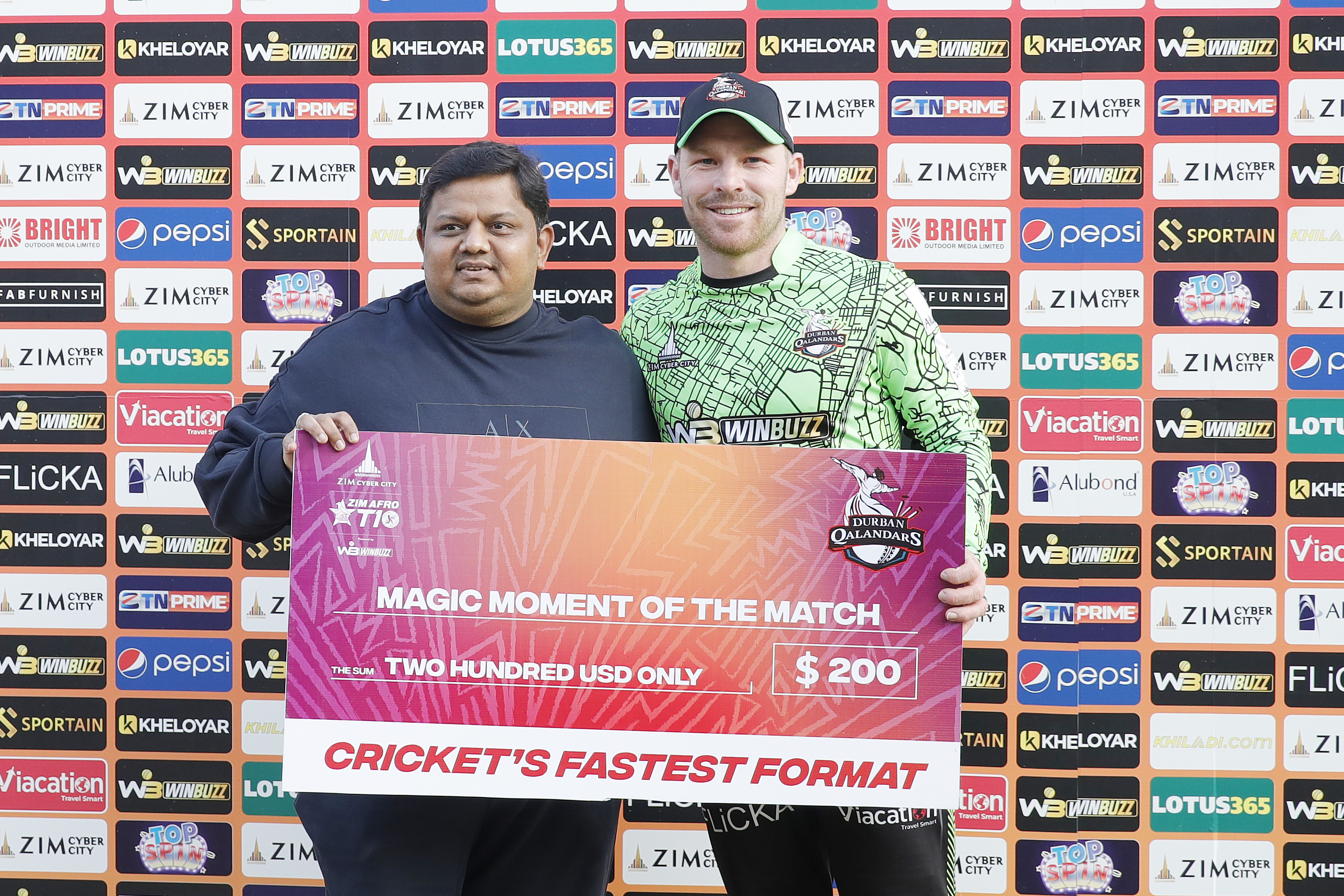 Tim Sifert of Durban Qalandars with Player of the Match awardduring match 7 of the Zim Afro T10 League between the Durban Qalandars and the Harare Hurricanes held at the Harare Sports Club in the Zimbabwe on the 23rd July 2023Photo by Saikat Das / ACEIMAGES for Zim Afro T10