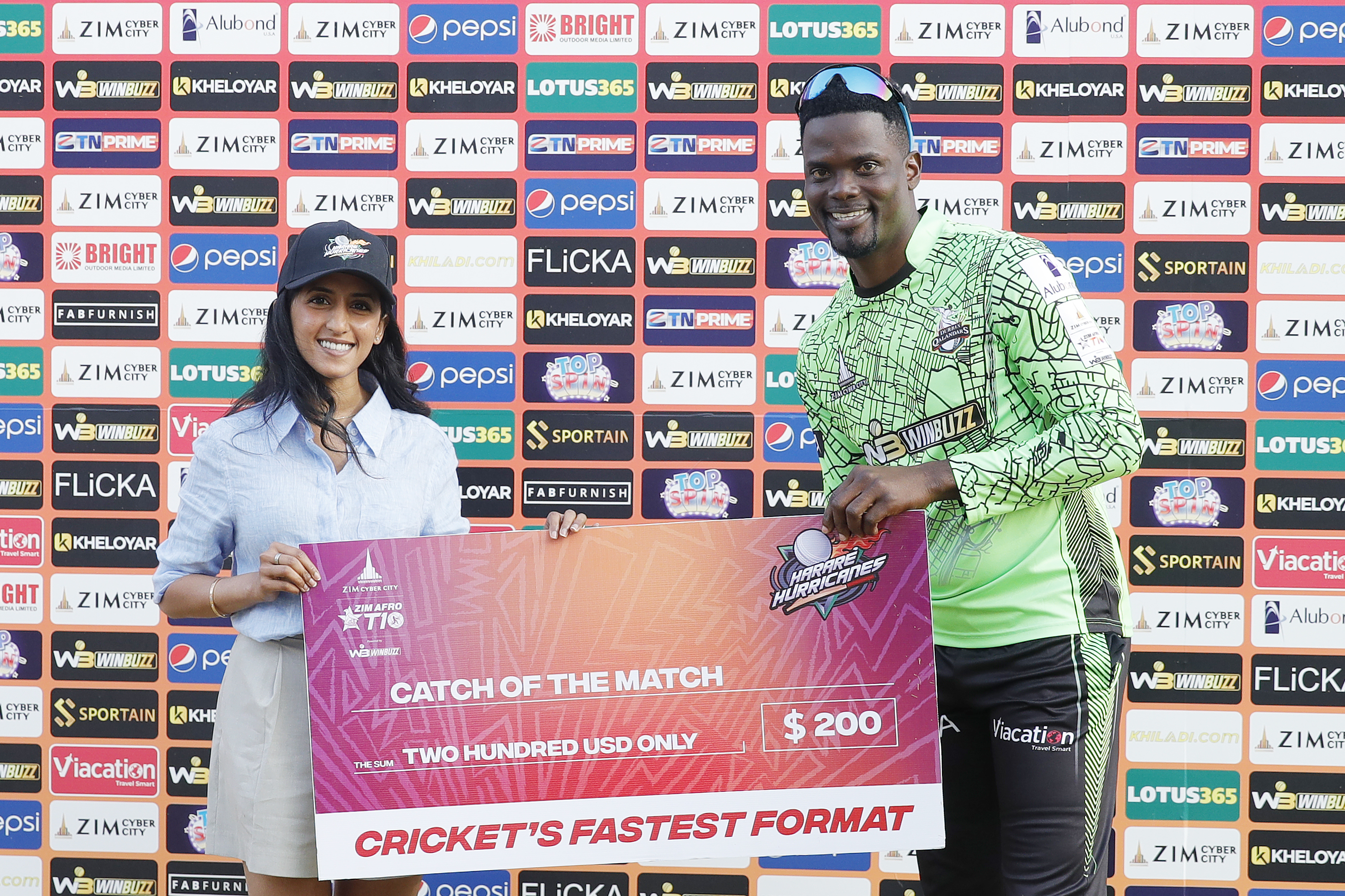 Andre Fleture of Durban Qalandars with Catch of the Match Award during match 7 of the Zim Afro T10 League between the Durban Qalandars and the Harare Hurricanes held at the Harare Sports Club in the Zimbabwe on the 23rd July 2023Photo by Saikat Das / ACEIMAGES for Zim Afro T10