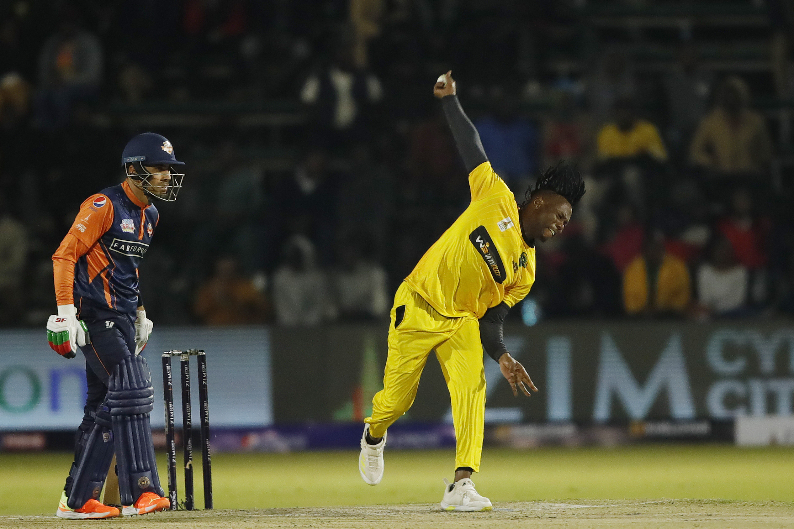 Victor Nyauchi of Joburg Buffaloes bowling during match 8 of the Zim Afro T10 League between the Johannesburg Buffaloes and the Cape Town Samp Army held at the Harare Sports Club in the Zimbabwe on the 23rd July 2023Photo by Saikat Das / ACEIMAGES for Zim Afro T10