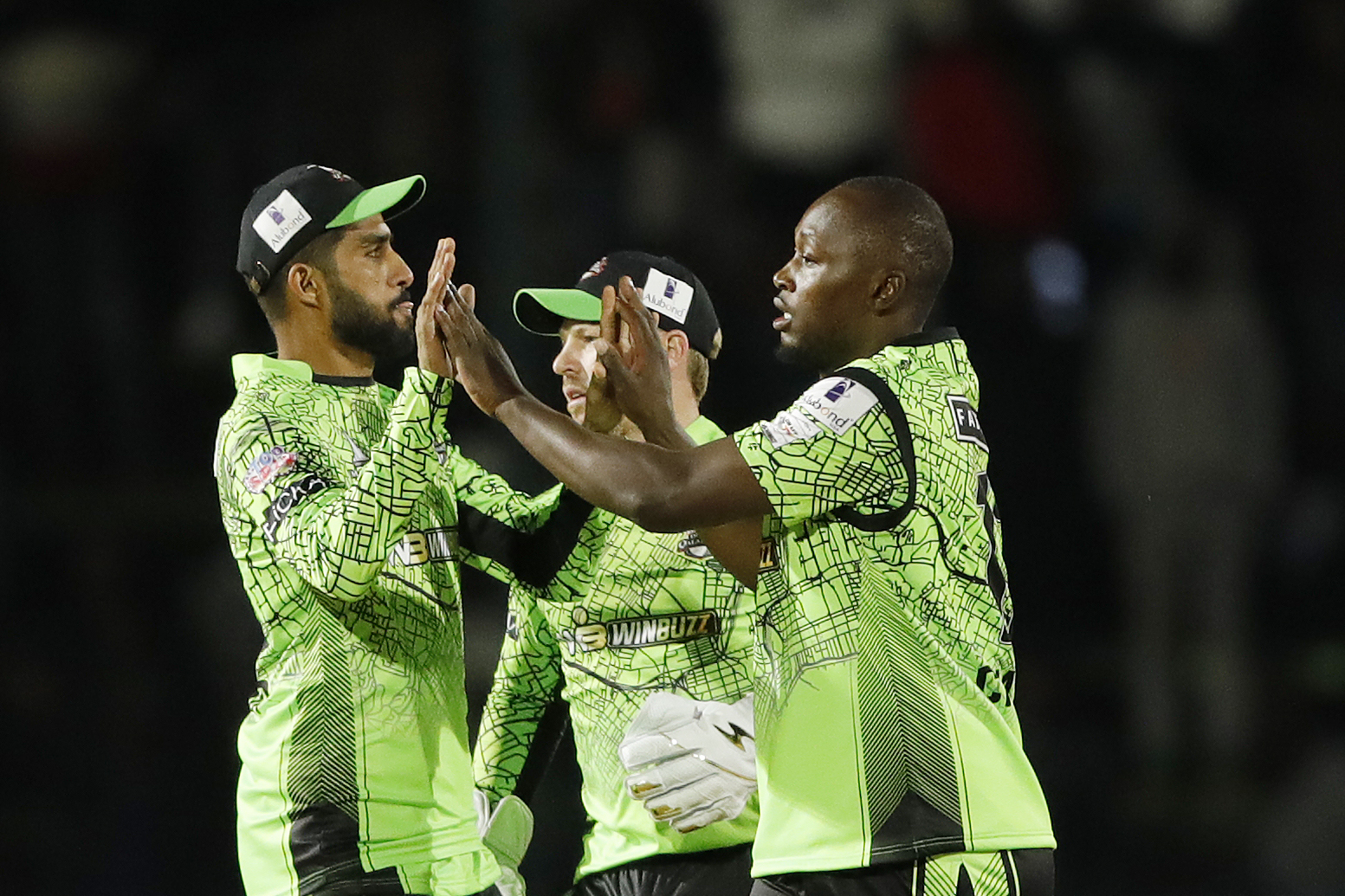 Tendai Chatara of Durban Qalandars celebrating the wicket of Sikander Raza (c) of Bulawayo Braves during match 9 of the Zim Afro T10 League between the Bulawayo Braves and the Durban Qalandars held at the Harare Sports Club in the Zimbabwe on the 23rd July 2023Photo by Saikat Das / ACEIMAGES for Zim Afro T10