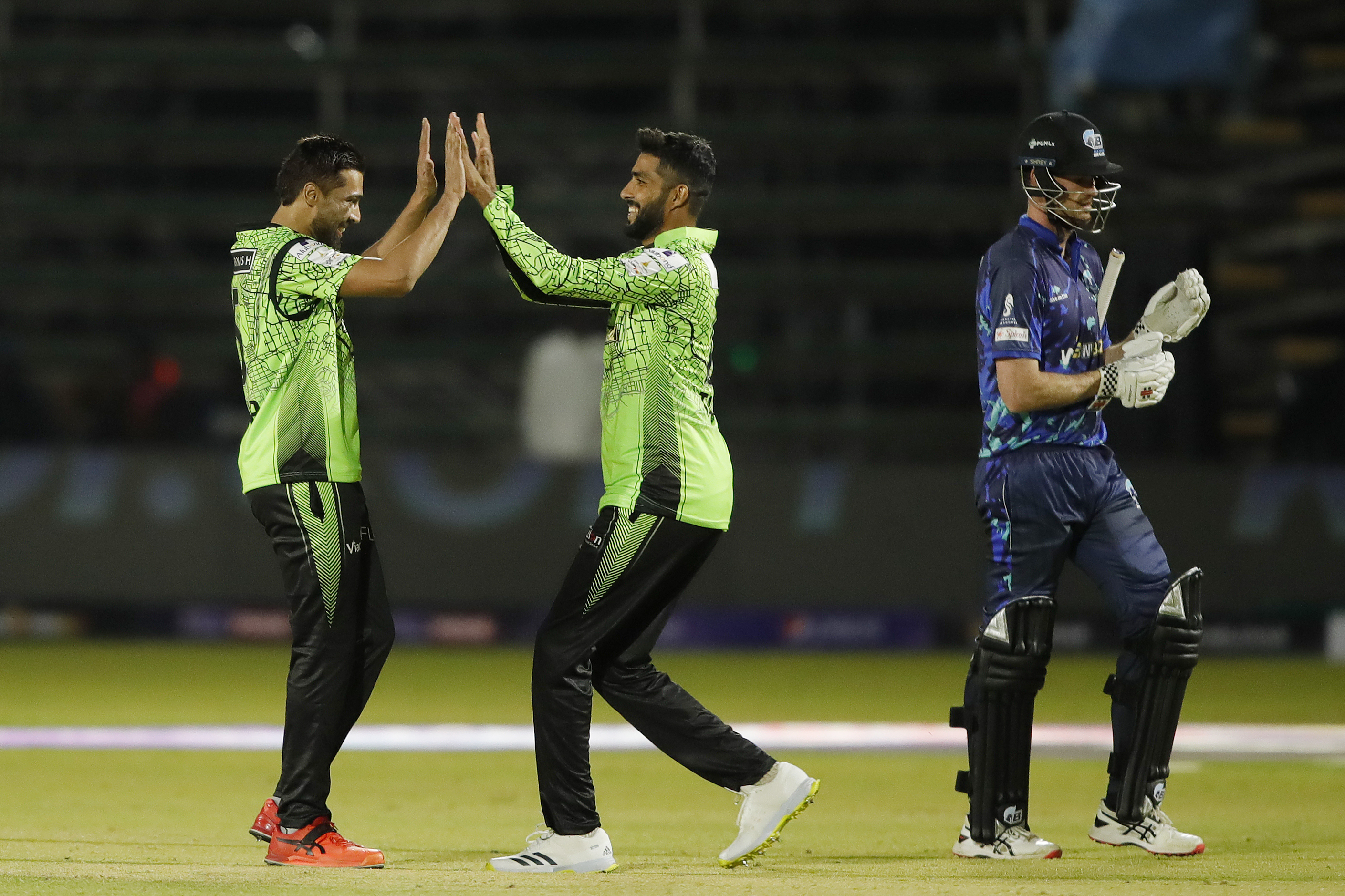 Mohammad Amir of Durban Qalandars celebrating the wicket of play a shotduring match 9 of the Zim Afro T10 League between the Bulawayo Braves and the Durban Qalandars held at the Harare Sports Club in the Zimbabwe on the 23rd July 2023Photo by Saikat Das / ACEIMAGES for Zim Afro T10