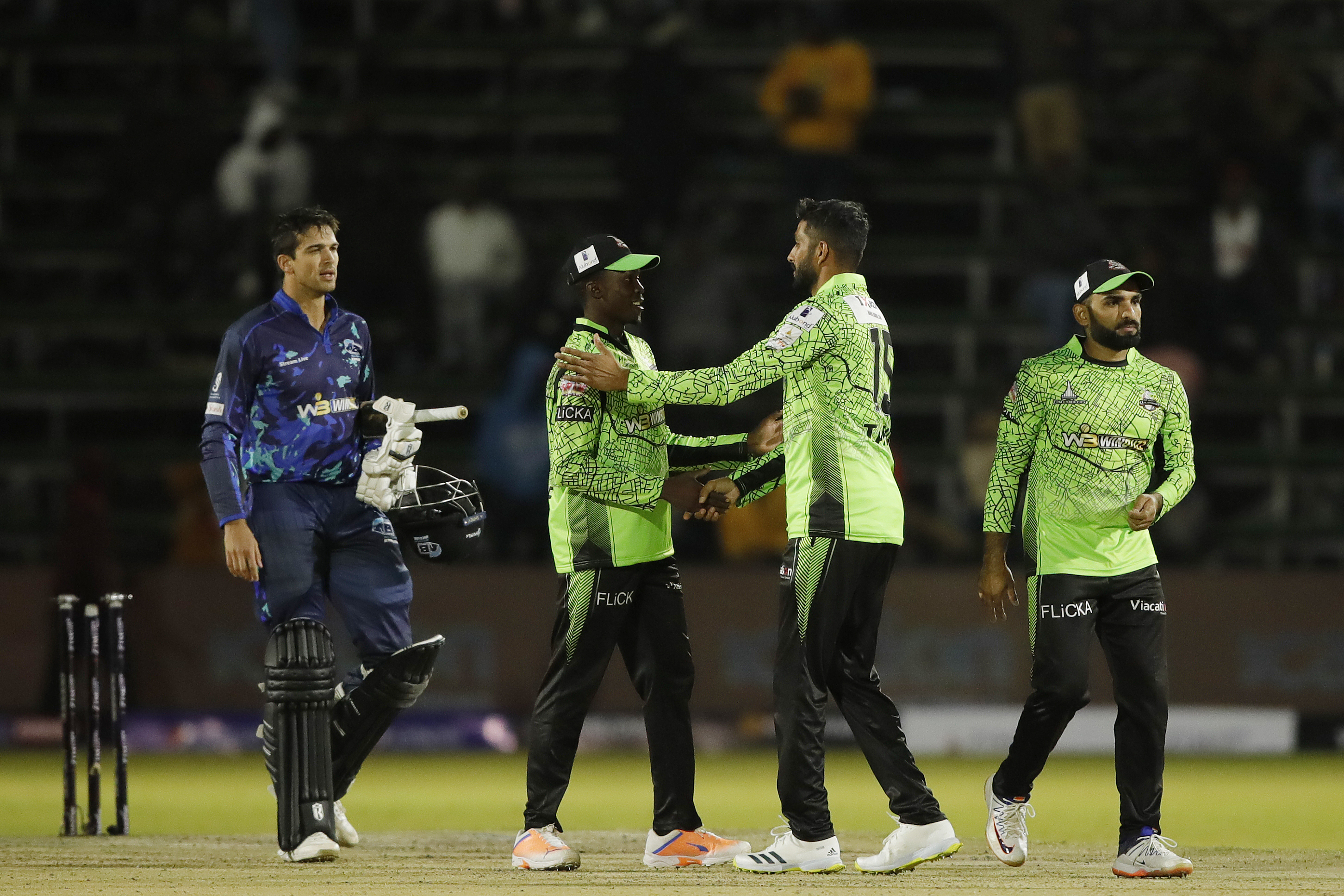Durban Qalandars celebrating win during match 9 of the Zim Afro T10 League between the Bulawayo Braves and the Durban Qalandars held at the Harare Sports Club in the Zimbabwe on the 23rd July 2023Photo by Saikat Das / ACEIMAGES for Zim Afro T10