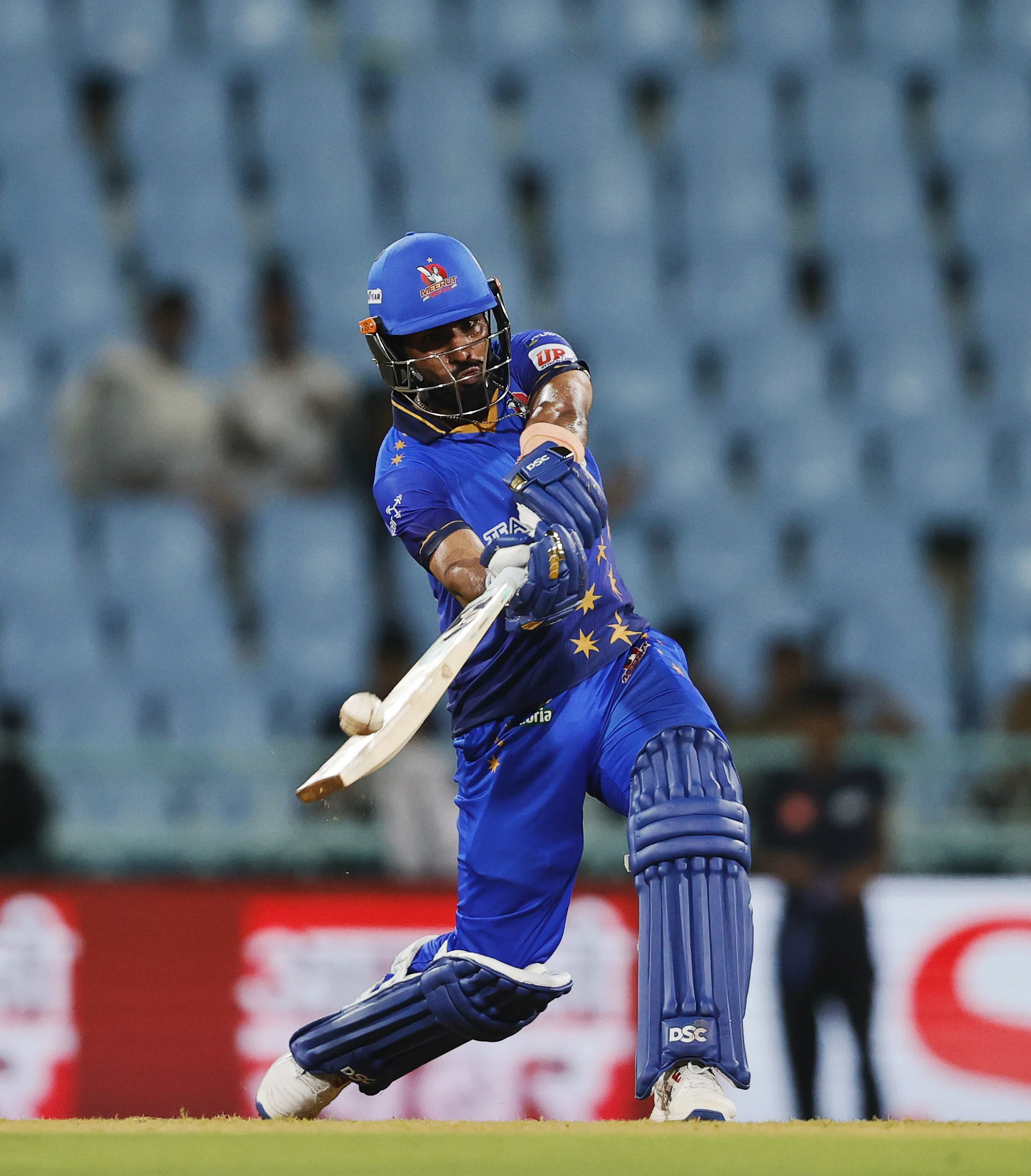 Divyansh  Rajput of Meerut Mavericks batting during the UPT20 League 2026 Season 4 opening clash between Kashi Rudras and defending champions Meerut Mavericks at Bharat Ratna Shri Atal Bihari Vajpayee Ekana Cricket Stadium, Lucknow, Uttar Pradesh, India, intense evening T20 action lights up Match 1 of the tournament.Photos by: s Saikat Das / aceimages.in for UPT20
