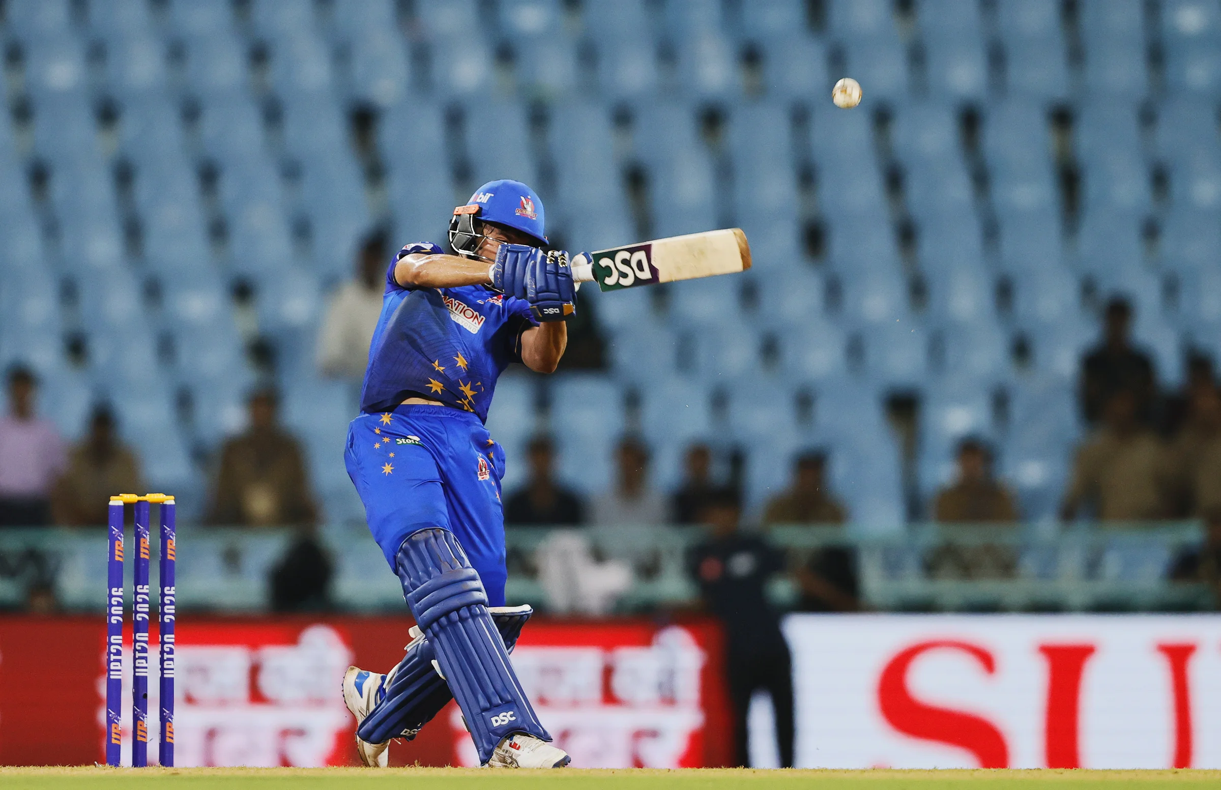 Yash Garg of Meerut Mavericks hitting a over boundary during the UPT20 League 2026 Season 4 opening clash between Kashi Rudras and defending champions Meerut Mavericks at Bharat Ratna Shri Atal Bihari Vajpayee Ekana Cricket Stadium, Lucknow, Uttar Pradesh, India, intense evening T20 action lights up Match 1 of the tournament.Photos by: s Saikat Das / aceimages.in for UPT20