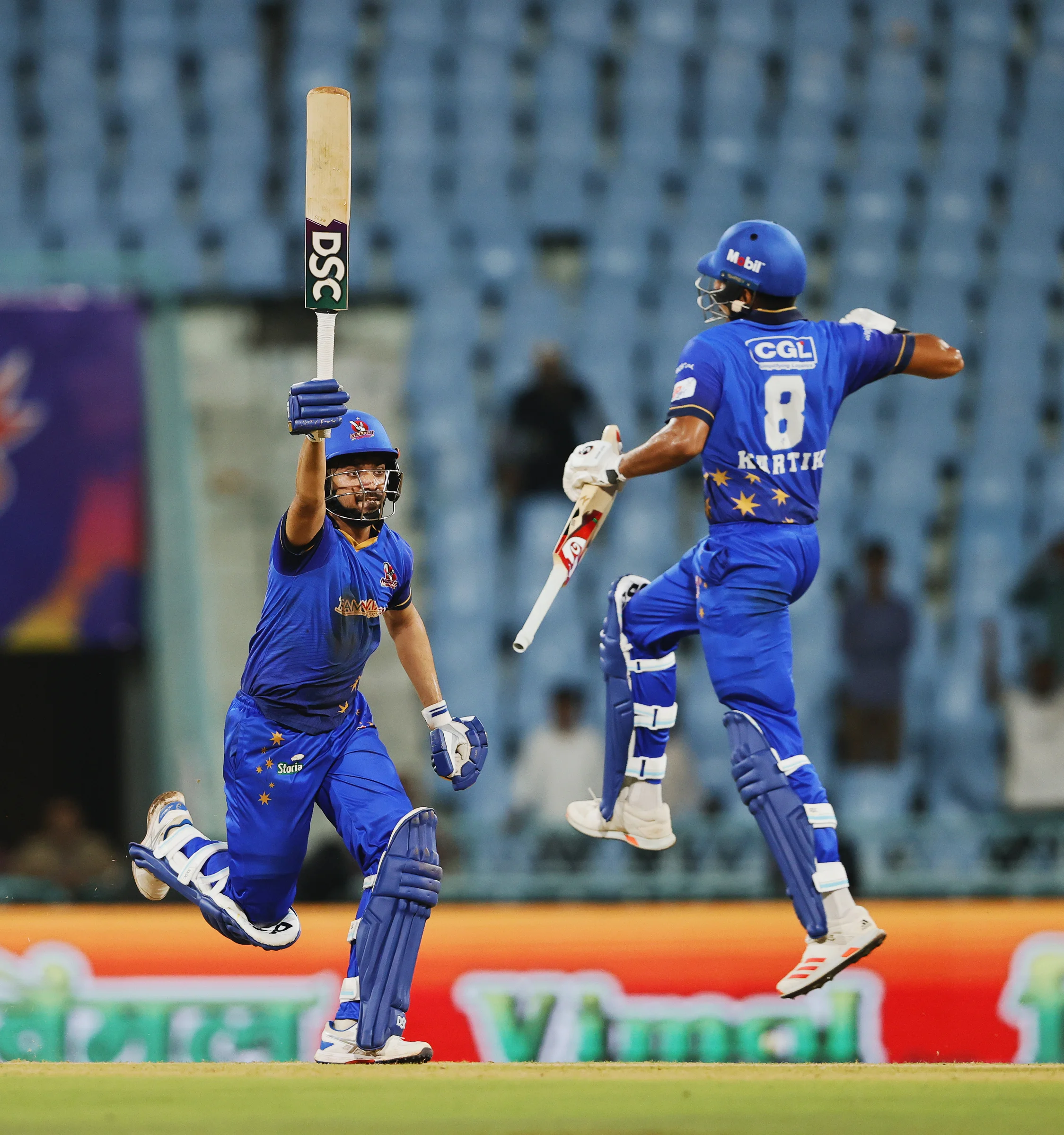 Yash Garg of Meerut Mavericks celebrating win during the UPT20 League 2026 Season 4 opening clash between Kashi Rudras and defending champions Meerut Mavericks at Bharat Ratna Shri Atal Bihari Vajpayee Ekana Cricket Stadium, Lucknow, Uttar Pradesh, India, intense evening T20 action lights up Match 1 of the tournament.Photos by: s Saikat Das / aceimages.in for UPT20