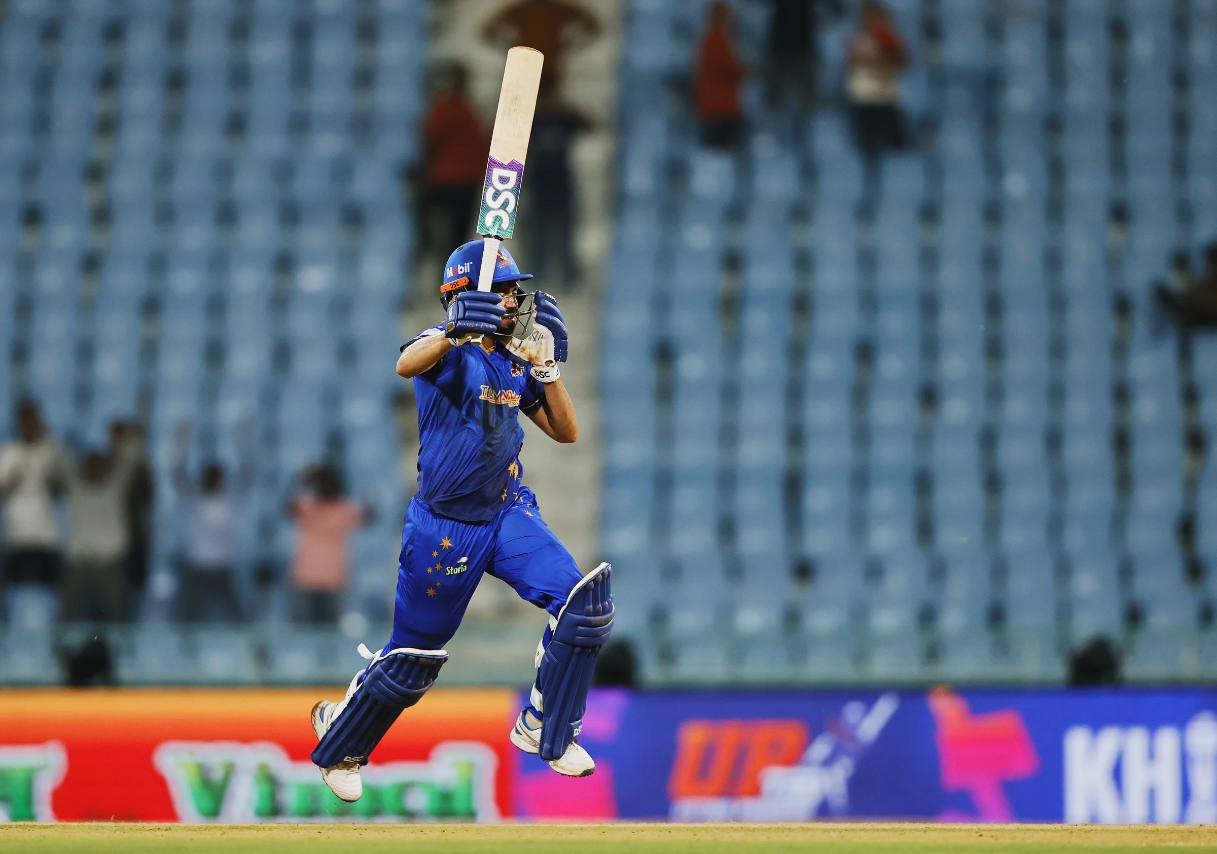 Yash Garg of Meerut Mavericks celebrating win during the UPT20 League 2026 Season 4 opening clash between Kashi Rudras and defending champions Meerut Mavericks at Bharat Ratna Shri Atal Bihari Vajpayee Ekana Cricket Stadium, Lucknow, Uttar Pradesh, India, intense evening T20 action lights up Match 1 of the tournament.Photos by: s Saikat Das / aceimages.in for UPT20