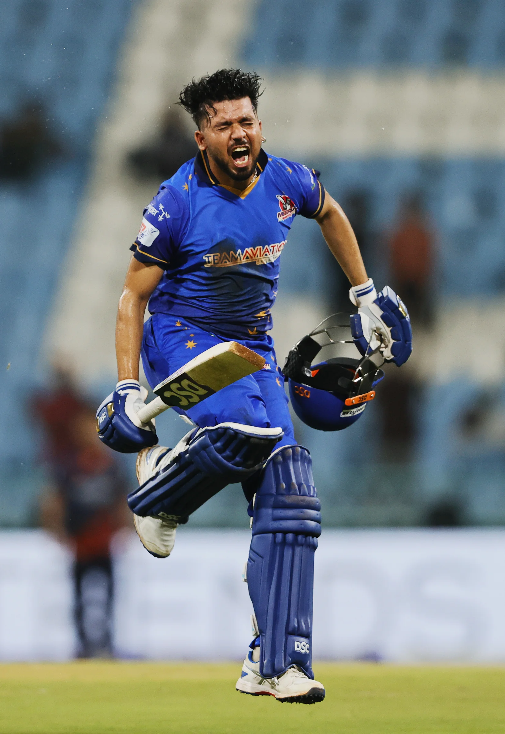 Yash Garg of Meerut Mavericks celebrating win during the UPT20 League 2026 Season 4 opening clash between Kashi Rudras and defending champions Meerut Mavericks at Bharat Ratna Shri Atal Bihari Vajpayee Ekana Cricket Stadium, Lucknow, Uttar Pradesh, India, intense evening T20 action lights up Match 1 of the tournament.Photos by: s Saikat Das / aceimages.in for UPT20