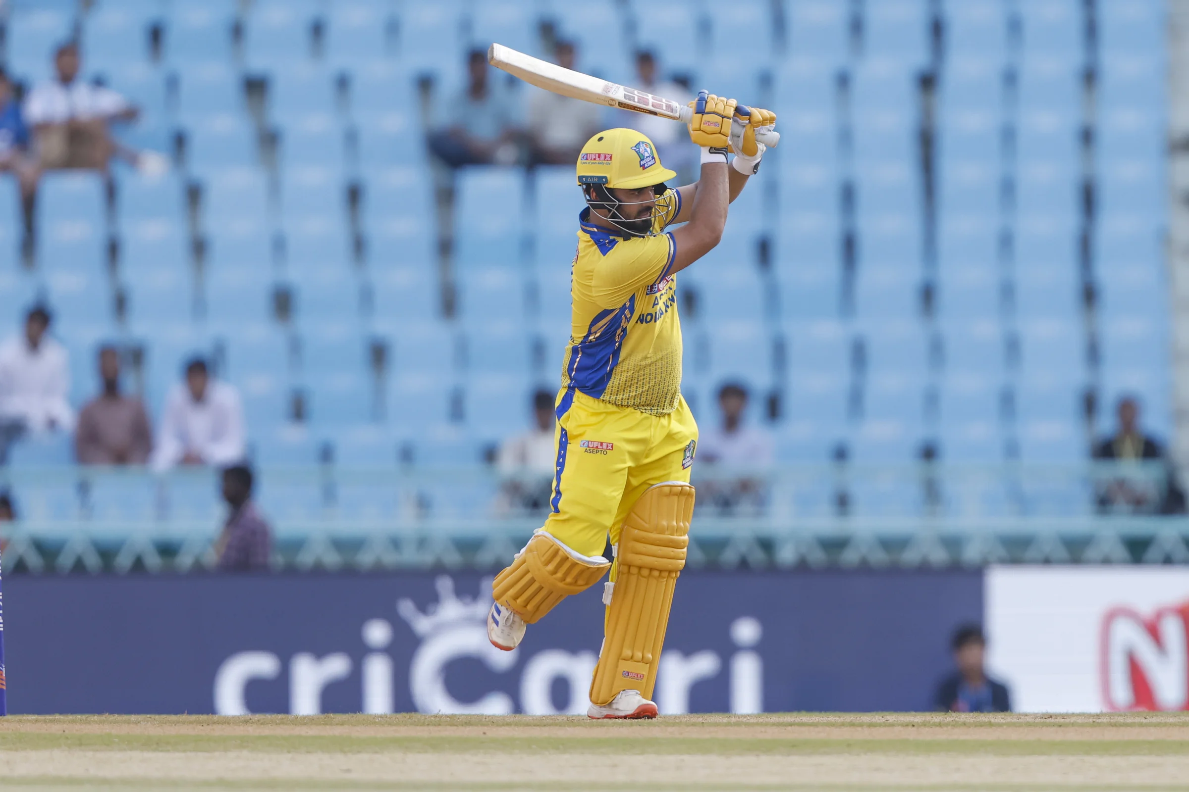 Shoaib Siddiqui of Noida Kings play a shot during the UPT20 League Season 4 afternoon fixture on 15 August 2026 at Bharat Ratna Shri Atal Bihari Vajpayee Ekana Cricket Stadium, Lucknow, Uttar Pradesh, India, Noida Kings take on Kanpur Superstars in Match 2 as the tournament continues with high‑intensity T20 action.Photos by: Arjun Singh / aceimages.in for UPT20