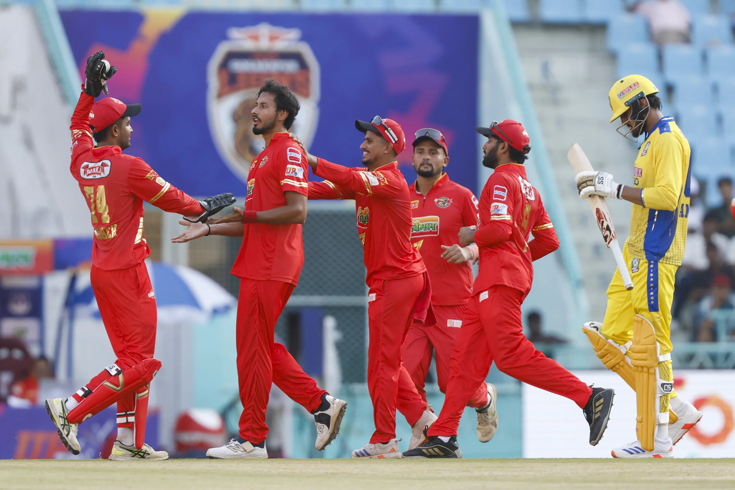 Vineet Panwar of Kanpur Superstars celebrates the wicket Anivesh Chaudhary of Noida Kings with players during the UPT20 League Season 4 afternoon fixture on 15 August 2026 at Bharat Ratna Shri Atal Bihari Vajpayee Ekana Cricket Stadium, Lucknow, Uttar Pradesh, India, Noida Kings take on Kanpur Superstars in Match 2 as the tournament continues with high‑intensity T20 action.Photos by: Arjun Singh / aceimages.in for UPT20