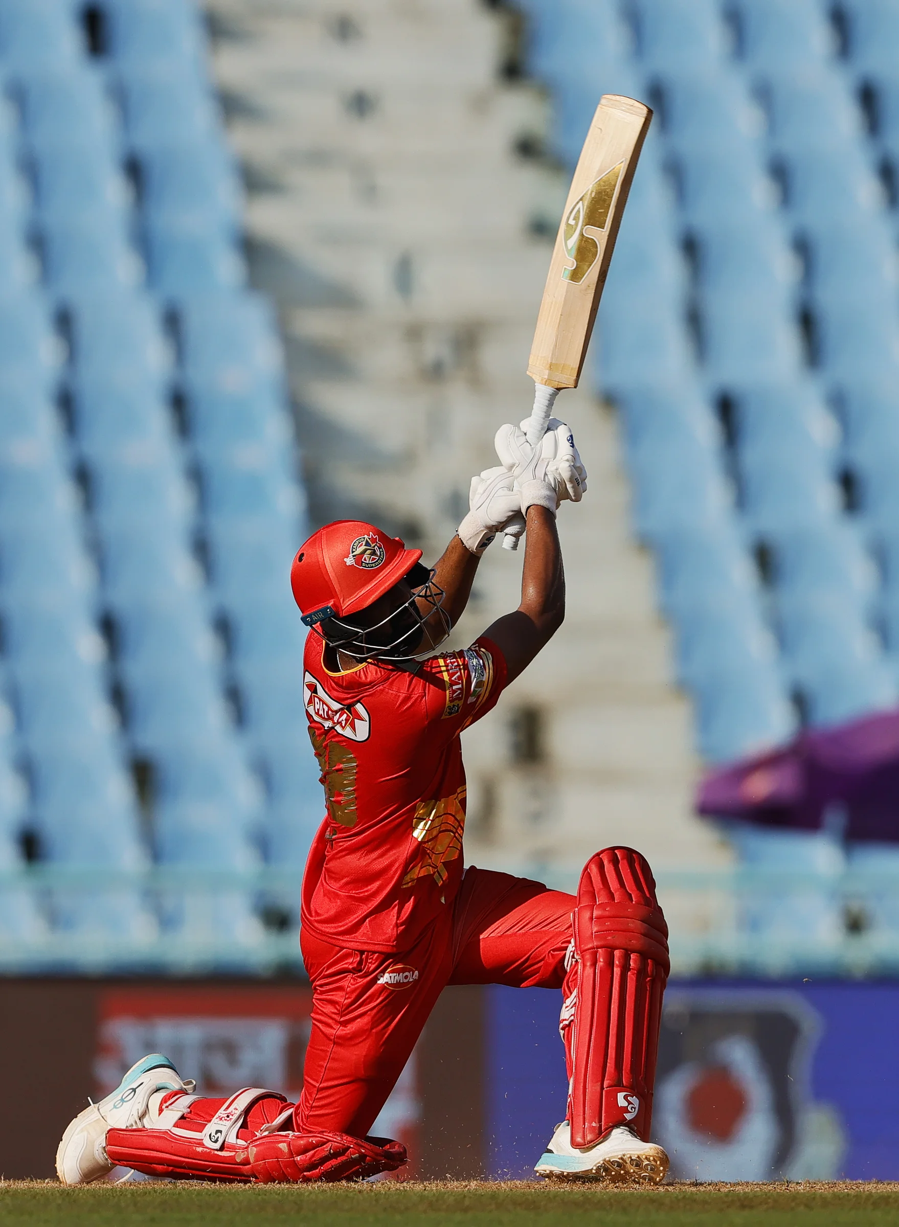 Shubham Mishra of Kanpur Superstars hitting a over boundary during the UPT20 League Season 4 afternoon fixture on 15 August 2026 at Bharat Ratna Shri Atal Bihari Vajpayee Ekana Cricket Stadium, Lucknow, Uttar Pradesh, India, Noida Kings take on Kanpur Superstars in Match 2 as the tournament continues with high‑intensity T20 action.Photos by: s Saikat Das / aceimages.in for UPT20