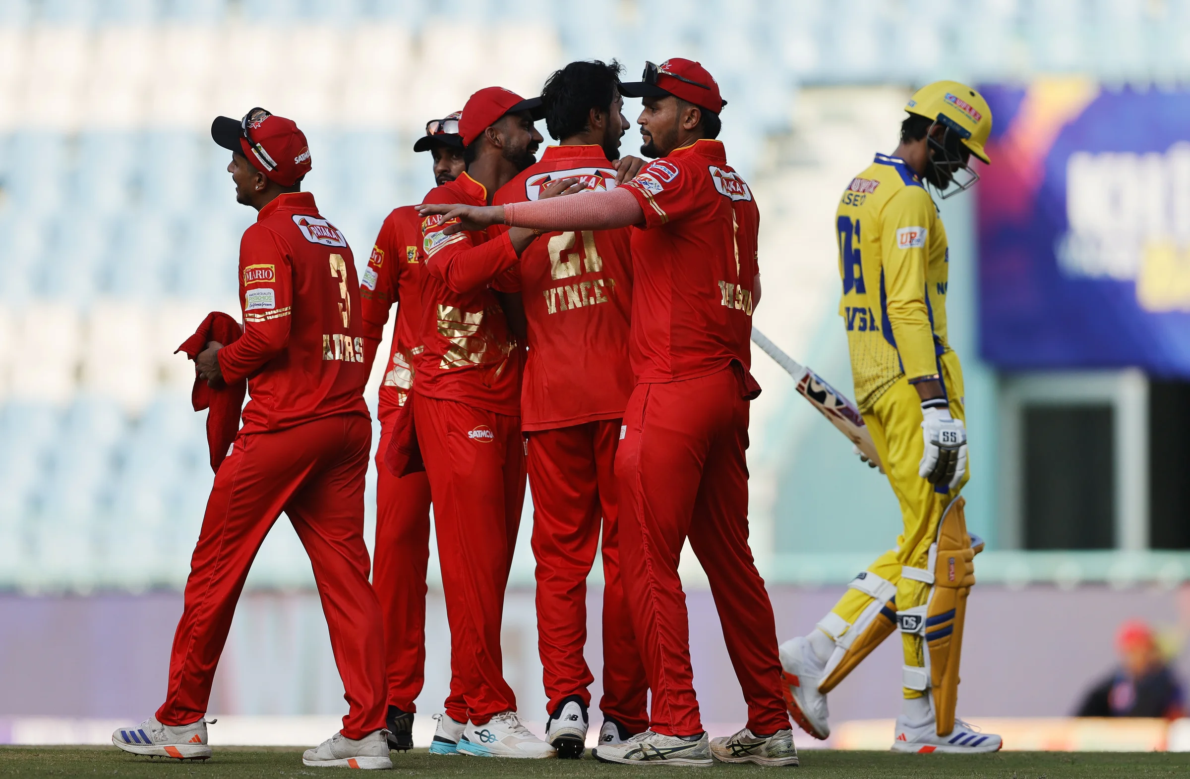Vineet Panwar of Kanpur Superstars celebrating the wicket of Anivesh Chaudhary of Noida Kings during the UPT20 League Season 4 afternoon fixture on 15 August 2026 at Bharat Ratna Shri Atal Bihari Vajpayee Ekana Cricket Stadium, Lucknow, Uttar Pradesh, India, Noida Kings take on Kanpur Superstars in Match 2 as the tournament continues with high‑intensity T20 action.Photos by: s Saikat Das / aceimages.in for UPT20