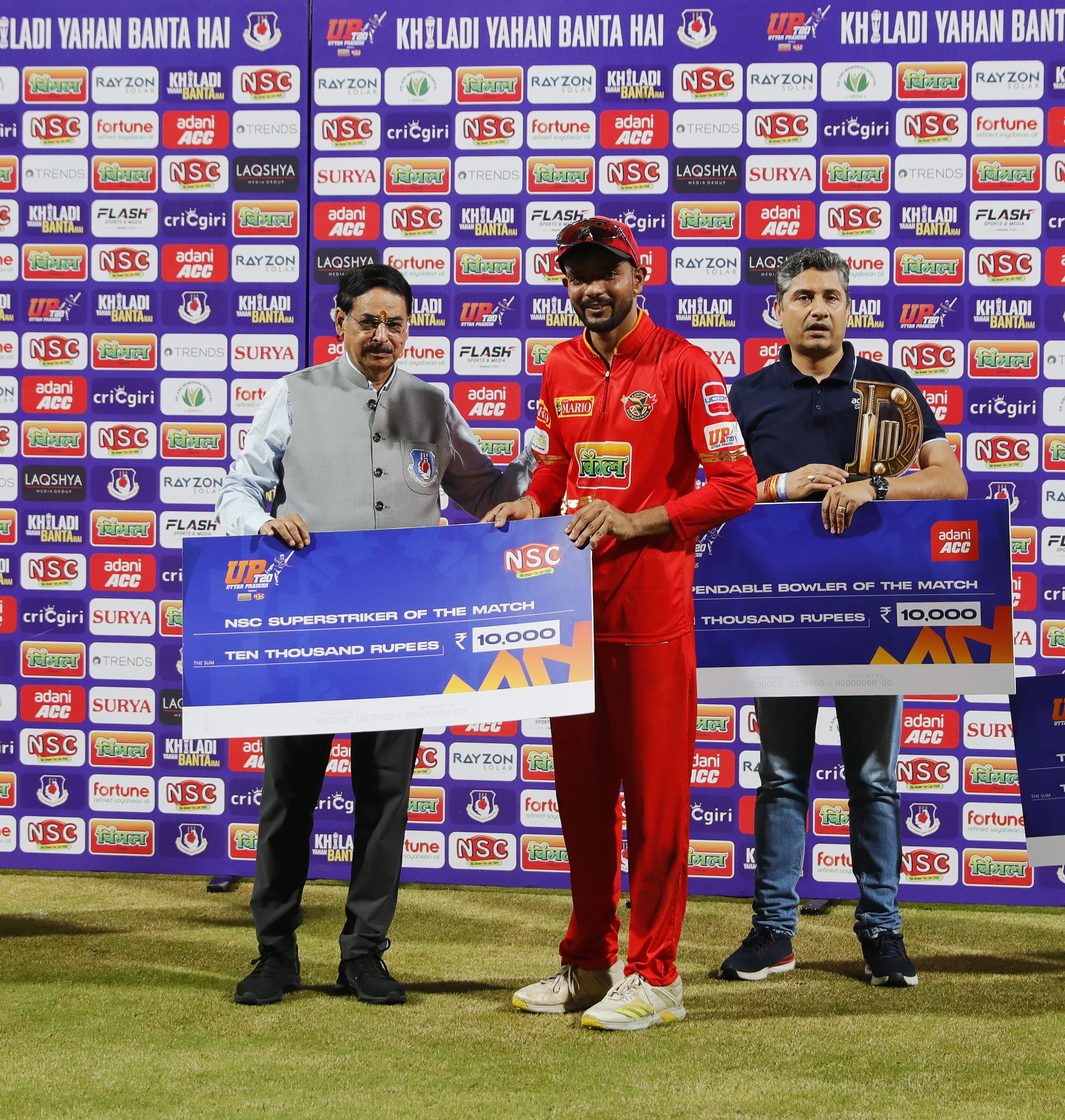 Satyam Sanghu of Kanpur Superstars  NSC Super Striker of the Match award during the UPT20 League Season 4 afternoon clash on 16 August 2026 at Bharat Ratna Shri Atal Bihari Vajpayee Ekana Cricket Stadium, Lucknow, Uttar Pradesh, India, two heavyweight franchises Kashi Rudras and Kanpur Superstars meet in Match 4 as the champions and the flair side battle for early momentum in the league.Photos by: s Saikat Das / aceimages.in for UPT20