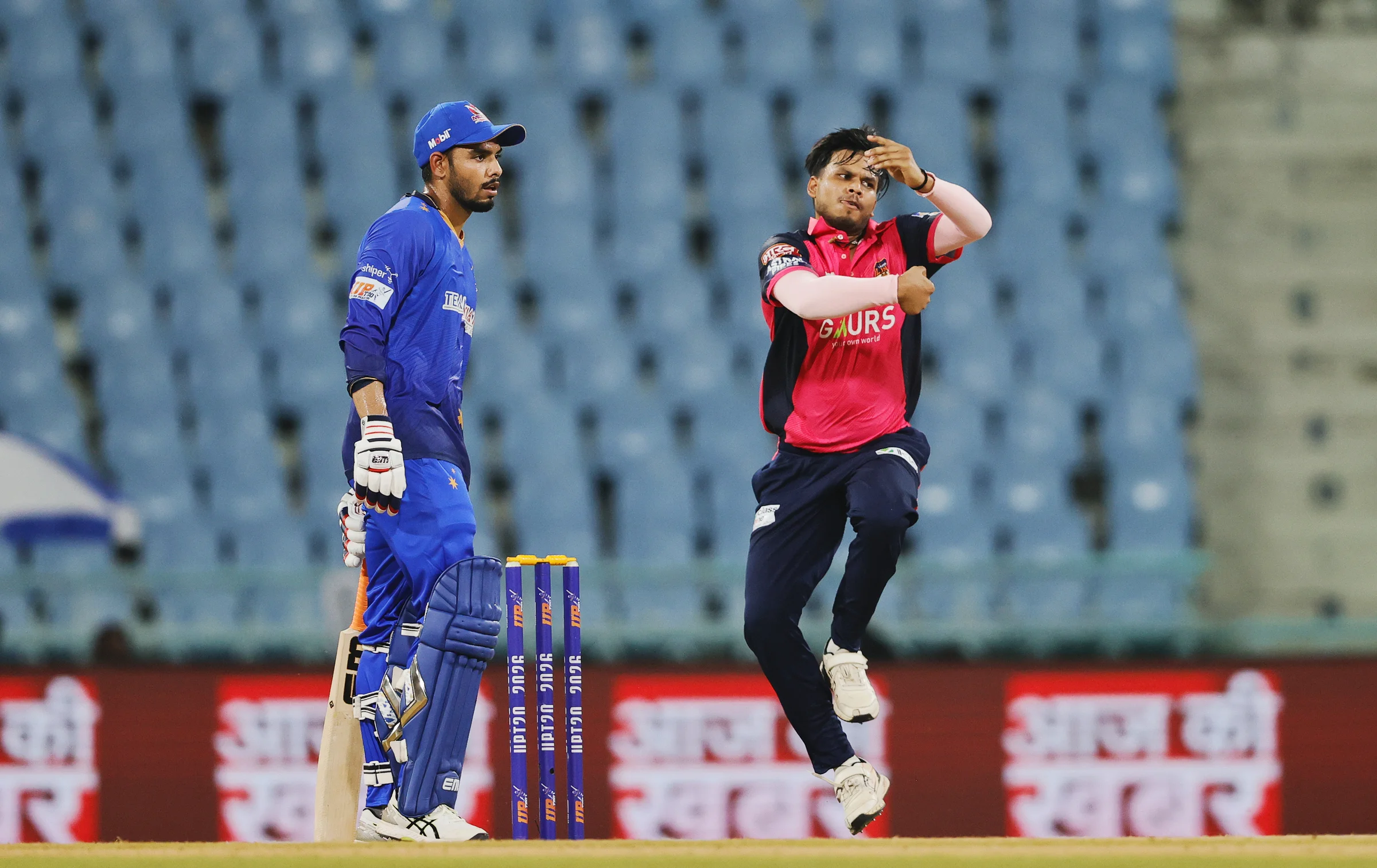 Nishant Thakur of Gaur Gorakhpur Lions bowling during the UPT20 League Season 4 night clash on 16 August 2026 at Bharat Ratna Shri Atal Bihari Vajpayee Ekana Cricket Stadium, Lucknow, Uttar Pradesh, India, Gaur Gorakhpur Lions take on defending champions Meerut Mavericks in Match 5 under lights as Purvanchal’s pride meets Meerut’s grit in a high‑intensity T20 battle.Photos by: s Saikat Das / aceimages.in for UPT20