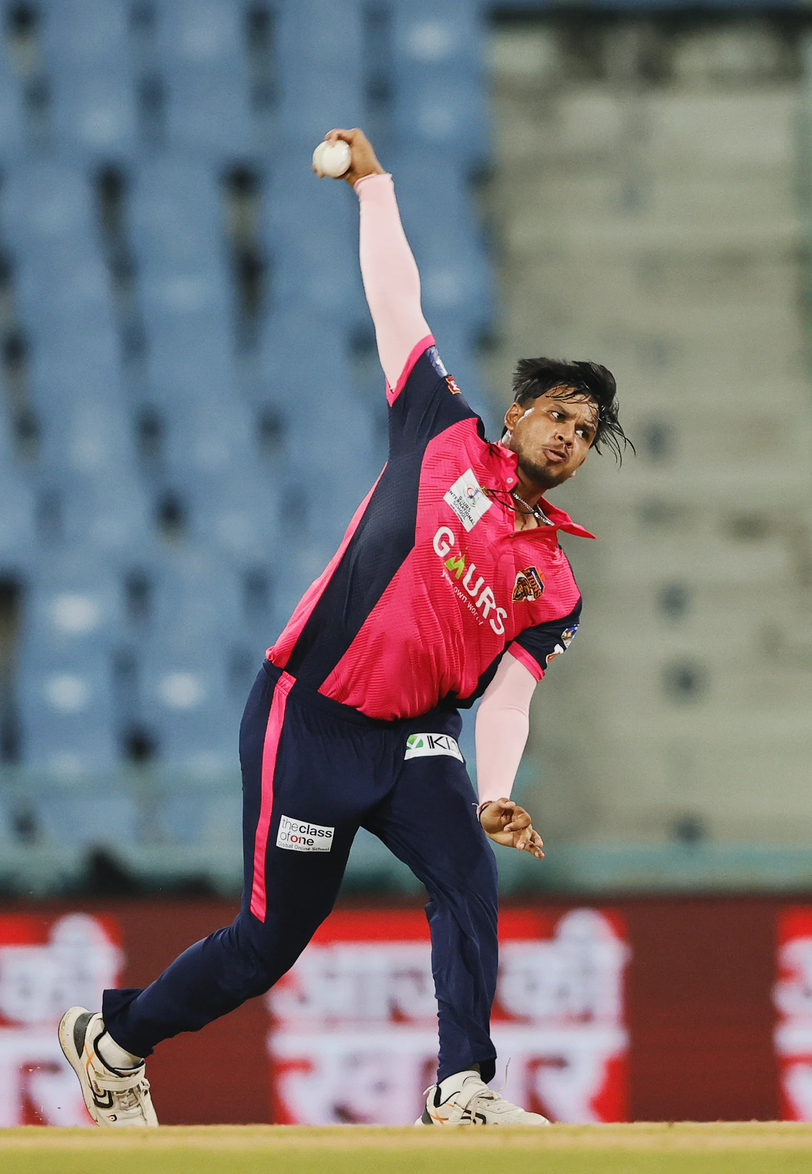 Nishant Thakur of Gaur Gorakhpur Lions bowling during the UPT20 League Season 4 night clash on 16 August 2026 at Bharat Ratna Shri Atal Bihari Vajpayee Ekana Cricket Stadium, Lucknow, Uttar Pradesh, India, Gaur Gorakhpur Lions take on defending champions Meerut Mavericks in Match 5 under lights as Purvanchal’s pride meets Meerut’s grit in a high‑intensity T20 battle.Photos by: s Saikat Das / aceimages.in for UPT20